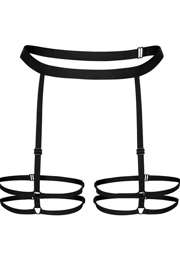 Black adjustable strappy leg harness with two stacked elastic rings per thigh and gunmetal slider buckles
