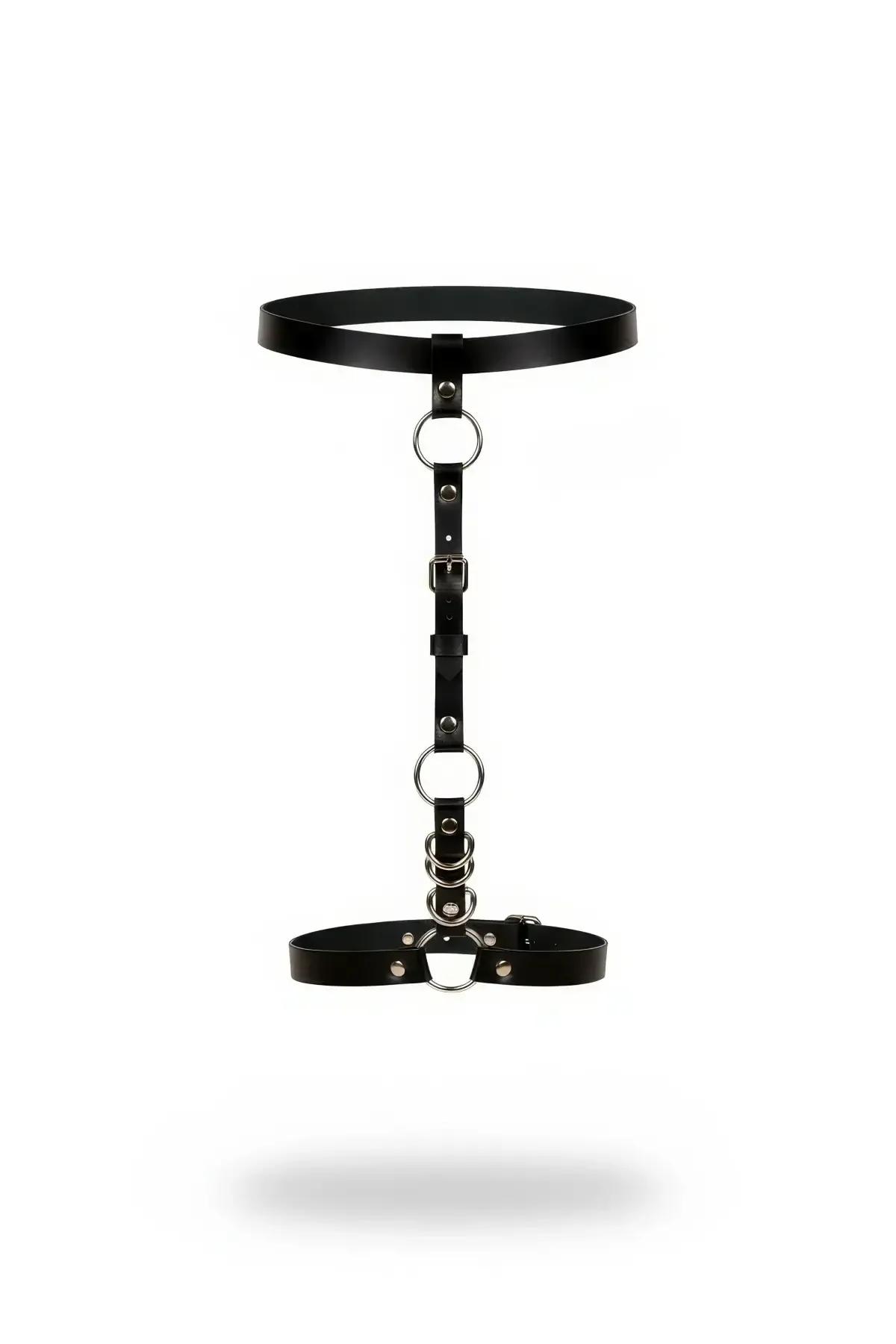 siyah faux leather jartiyer harness bel bacak bandı gümüş O-ring detaylı dikey tasma