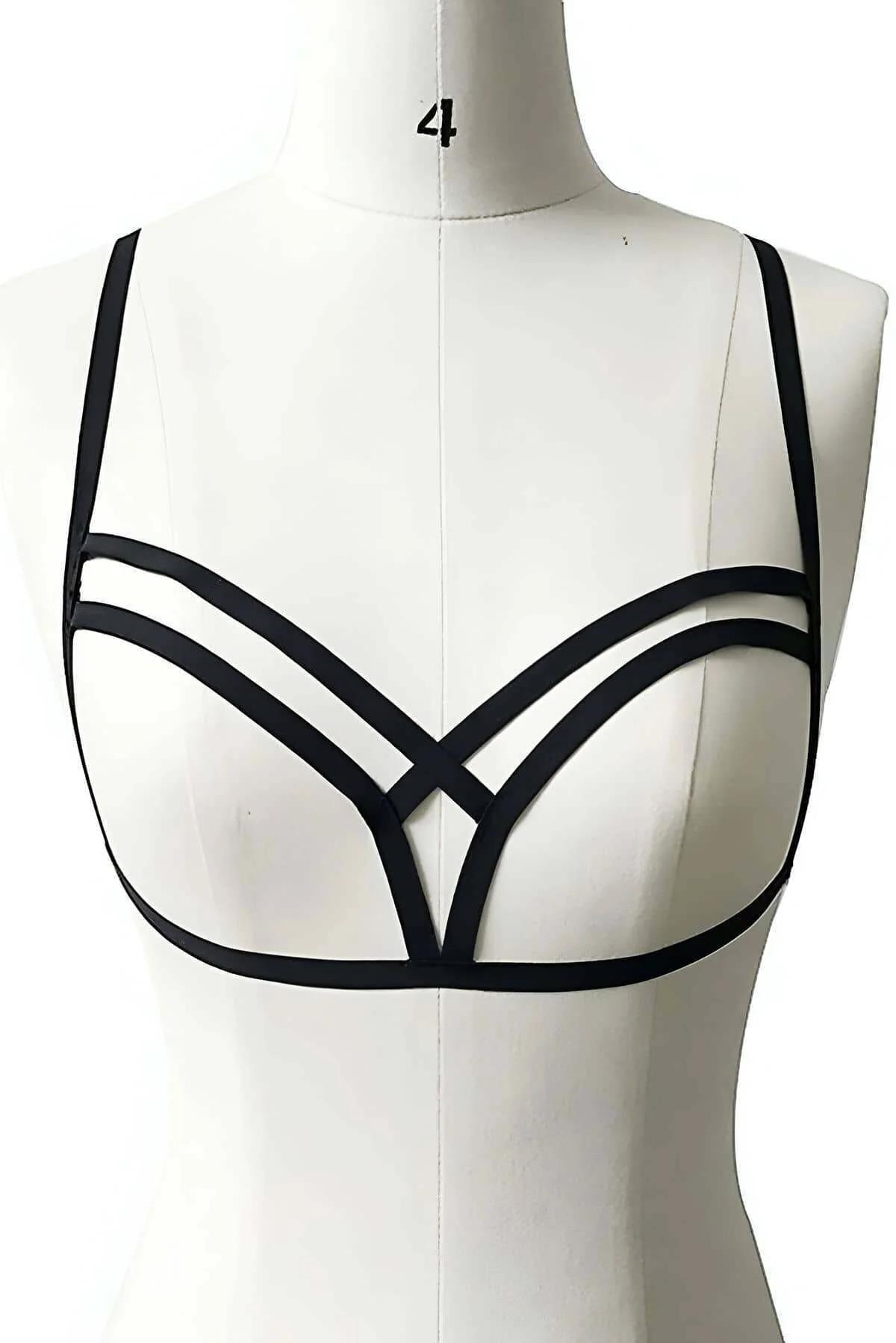 black elastic strappy V-wire harness bralette with double cage front on dress form