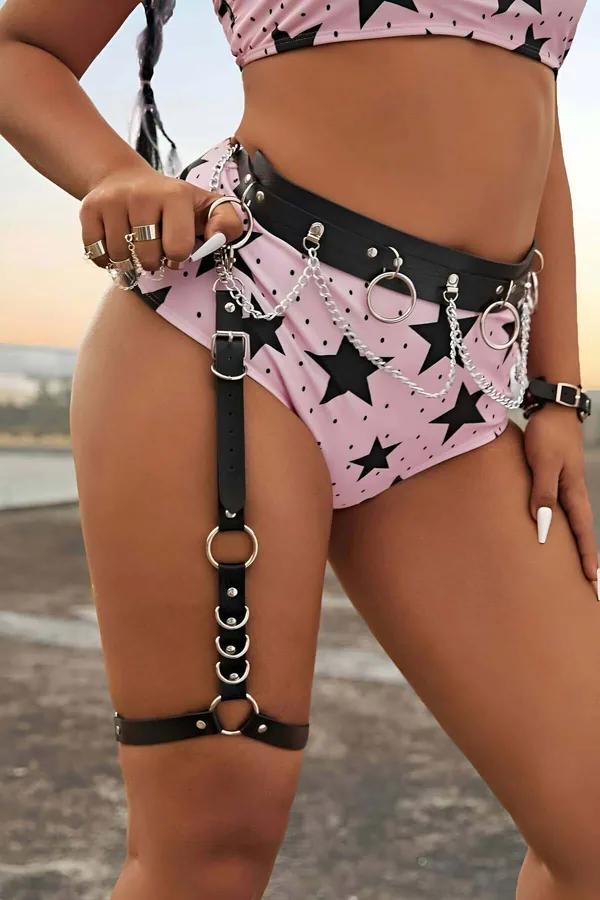 Black faux leather waist chain harness with silver O-rings and detachable thigh-to-ankle leg strap on model
