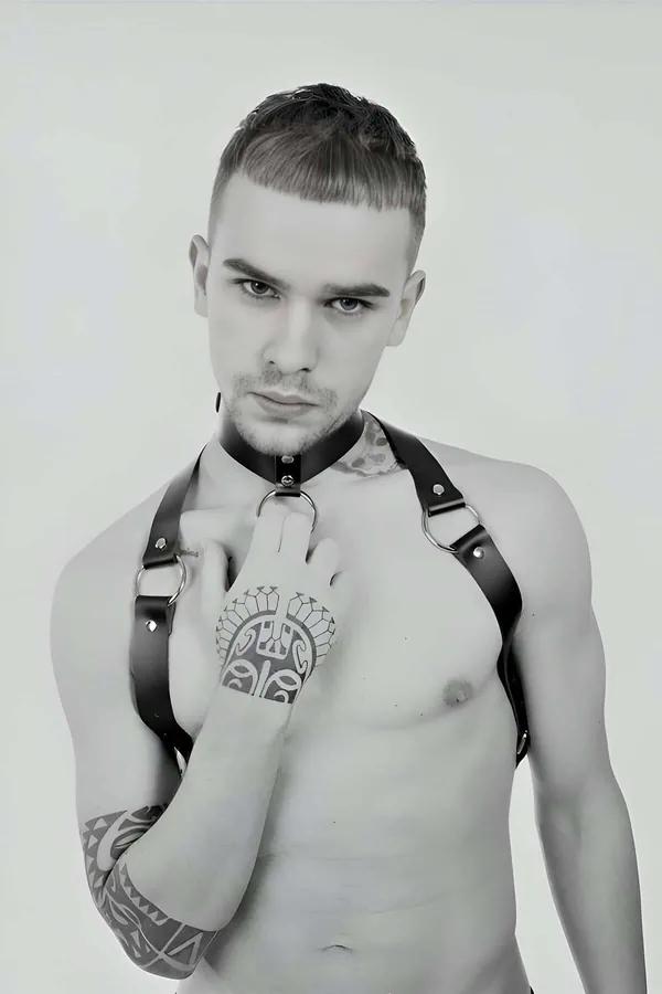 Black faux leather chest harness with silver O-ring and collar strap on male model, diagonal shoulder straps and snap closure
