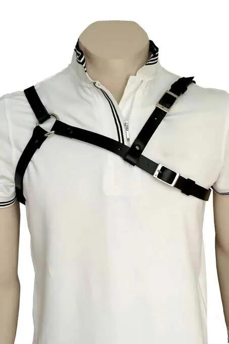 black faux leather asymmetrical shoulder body harness with silver rectangular buckles and O-ring worn over white shirt