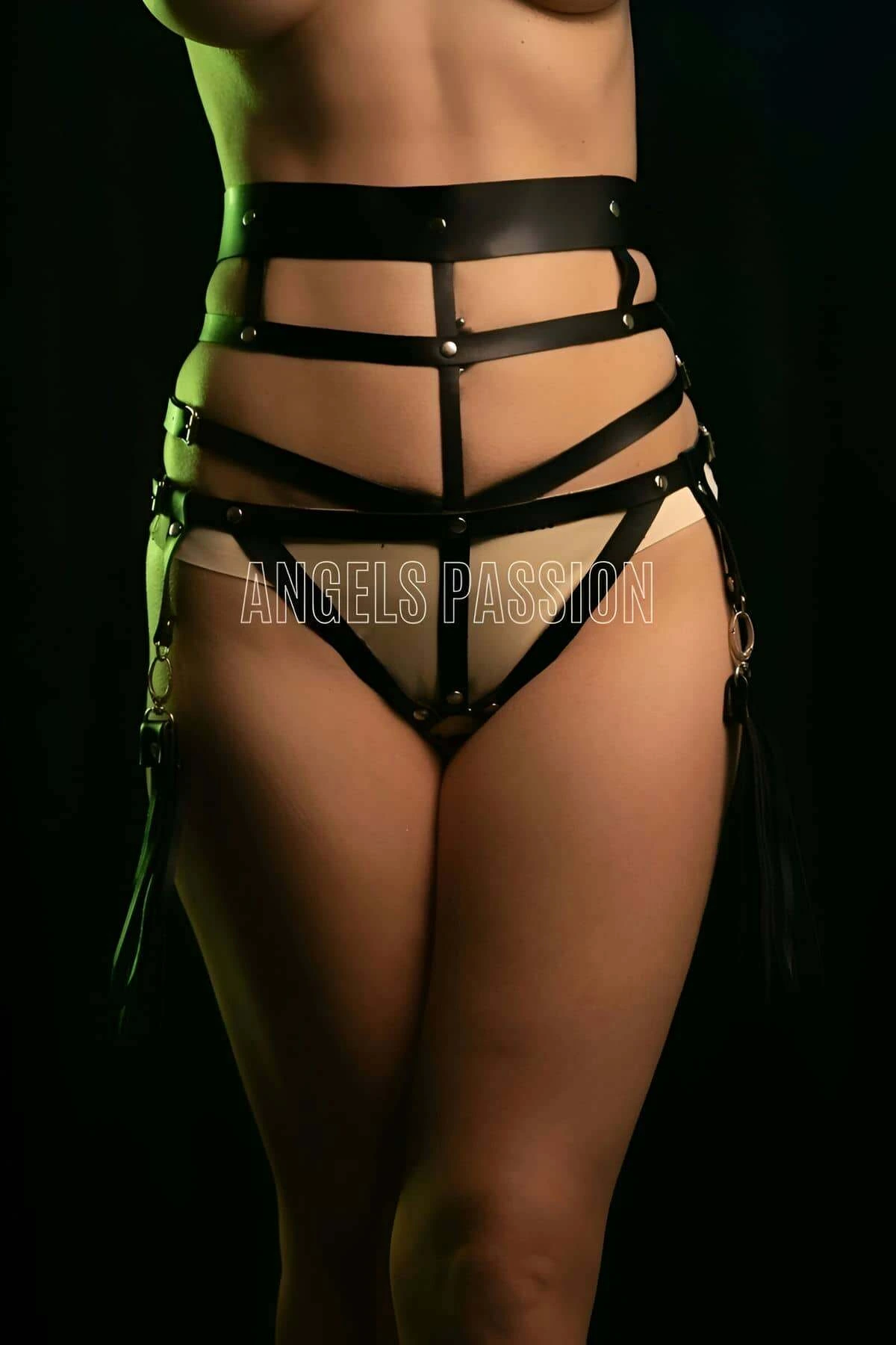 Tassel Detailed Black Leather Fantasy Panty Harness