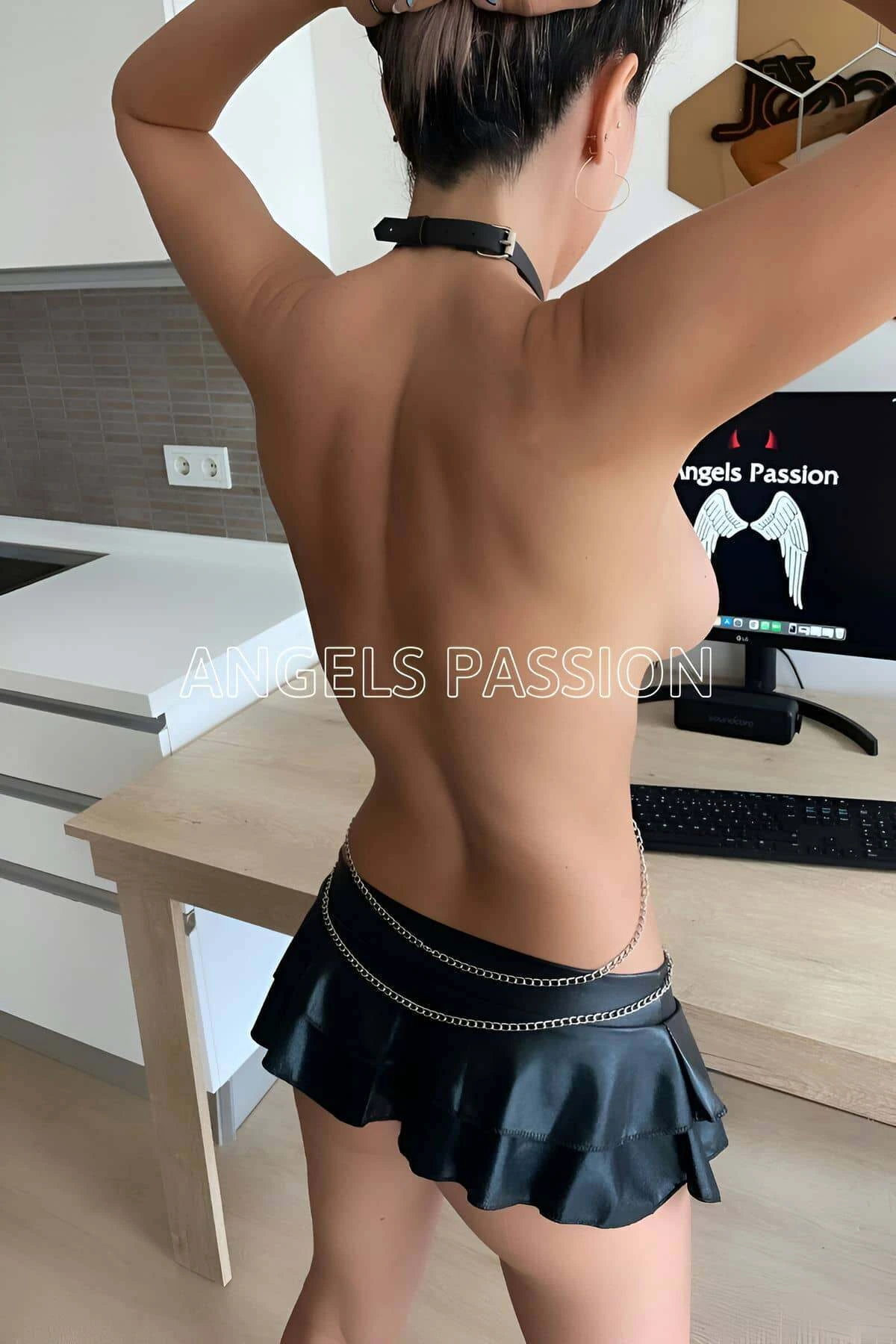 Siyah Deri Boyun Bel Zincirli Harness - APFT2