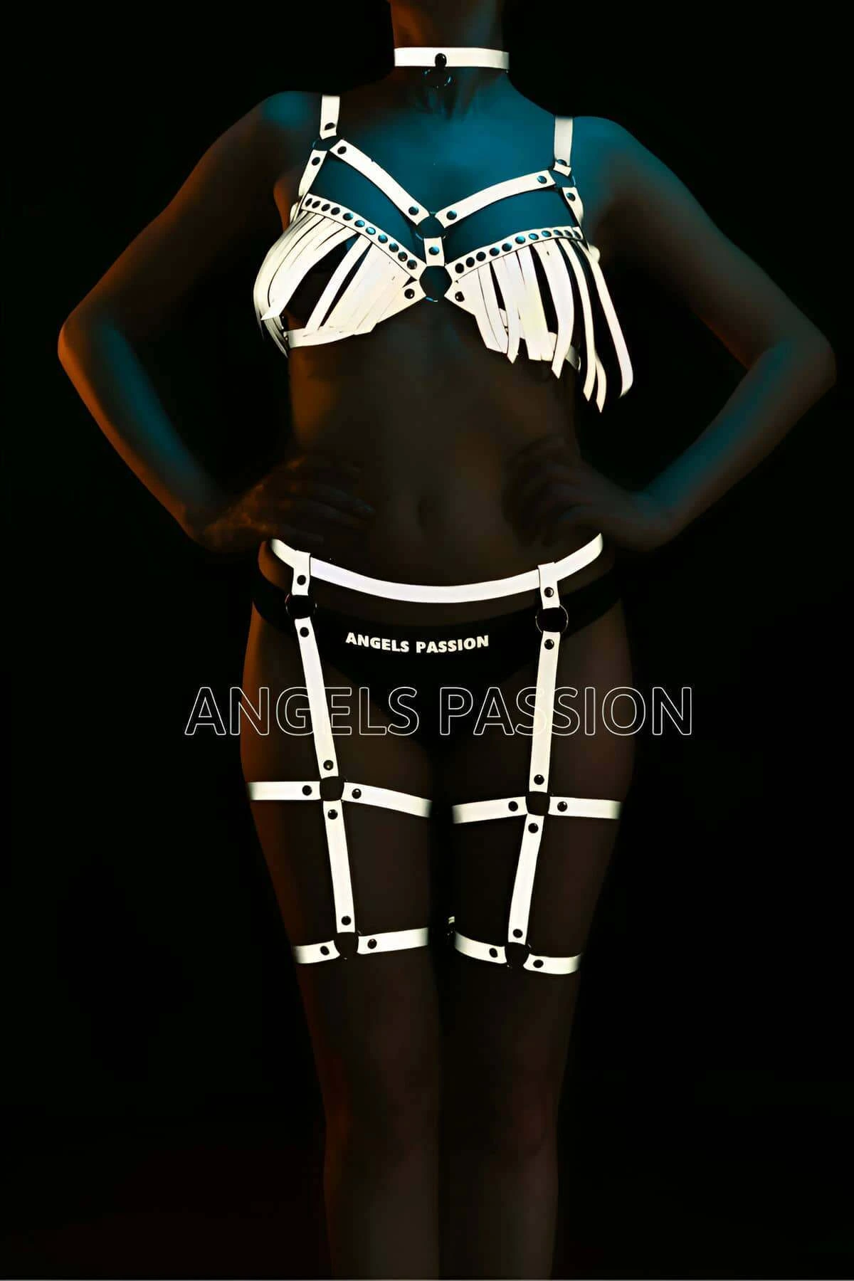 White Reflective Tasseled Bra Garter Set - APFT447