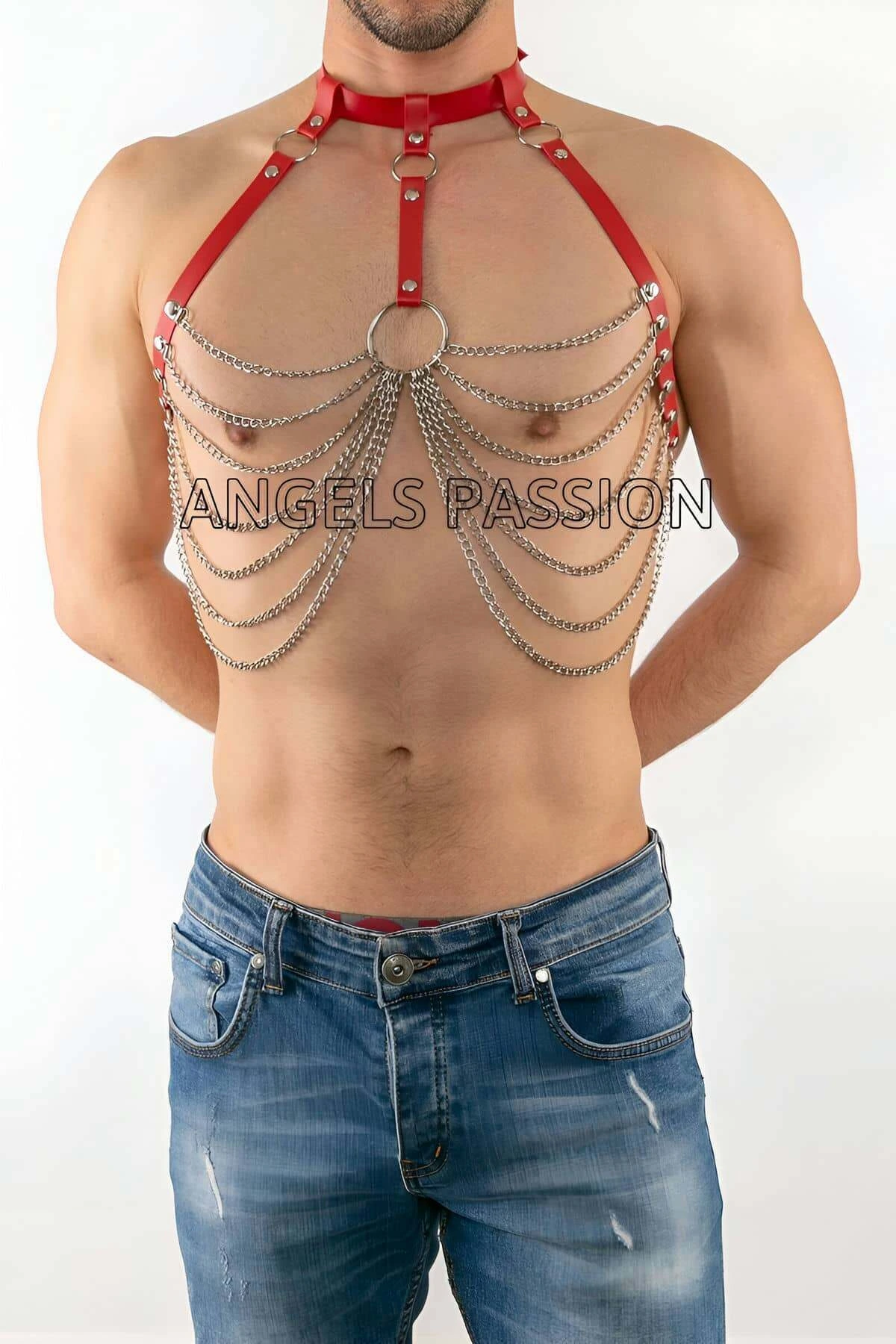 Men's Leather Chest Harness with Chain, Men's Harness with Chain - APFTM74-K1