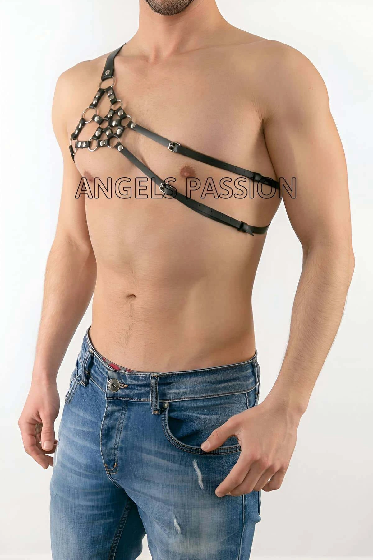 Men's One Shoulder Leather Harness - Men's Fantasy Underwear - Men's Leather Erotic Underwear - APFTM14