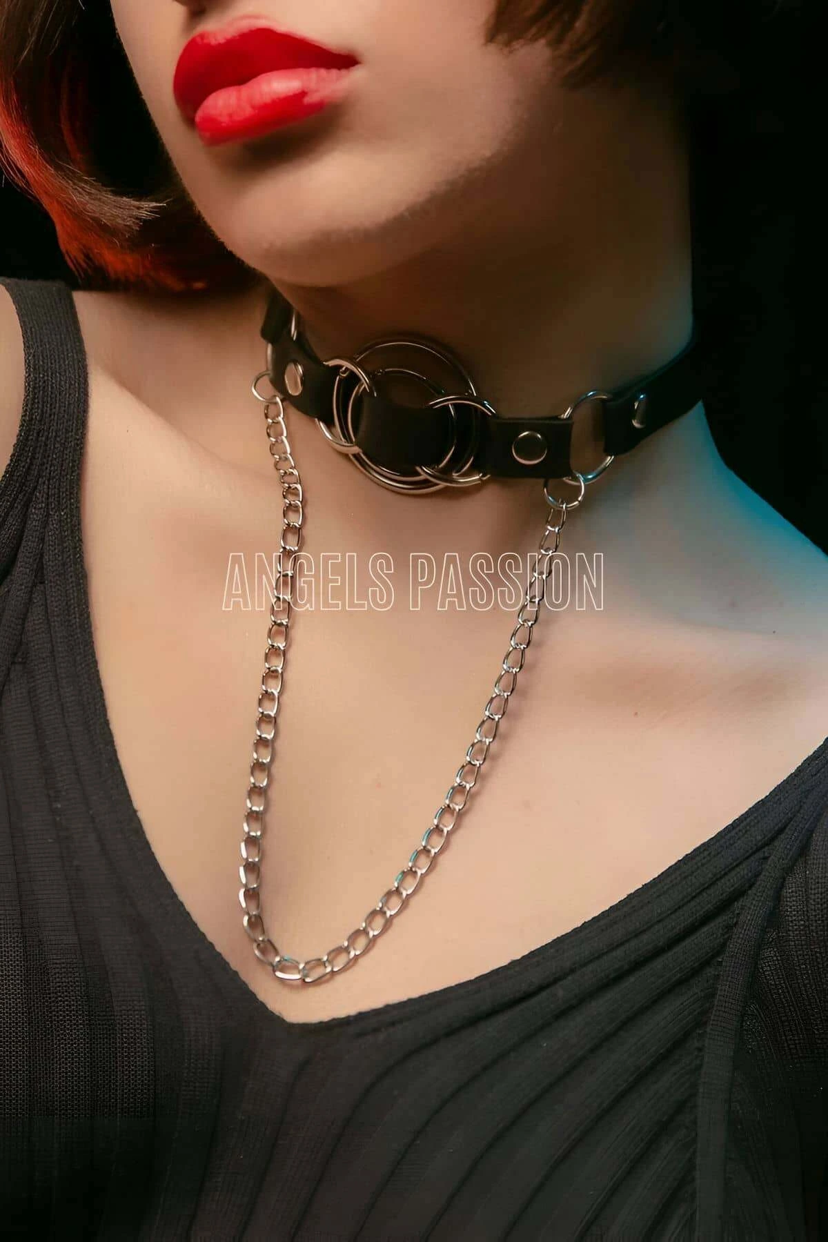 Leather Choker, Leather Collar, Leather Chain Necklace, Leather Ring Necklace - APFT588