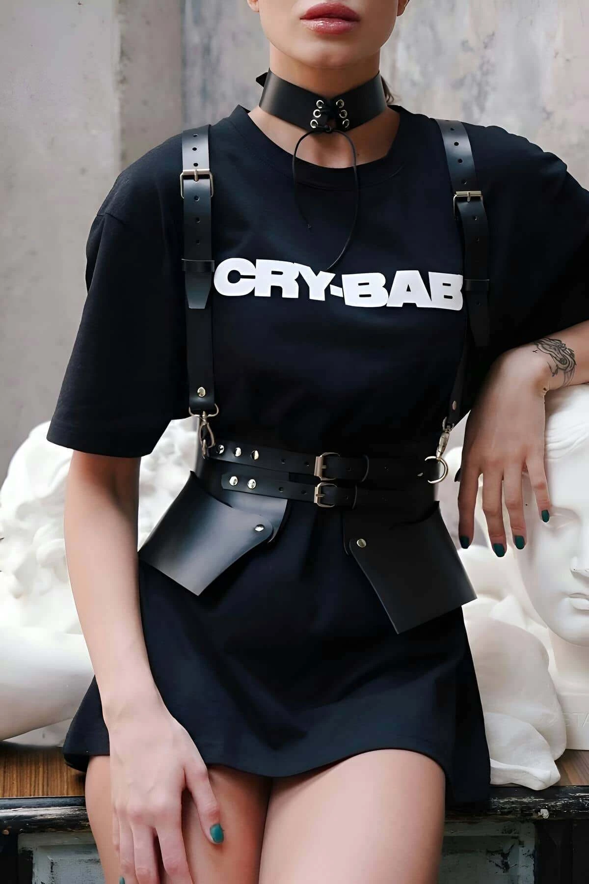 Elbise ve T-Shirt Üzeri Deri Şık Kemer ve Choker Takım - APFT622