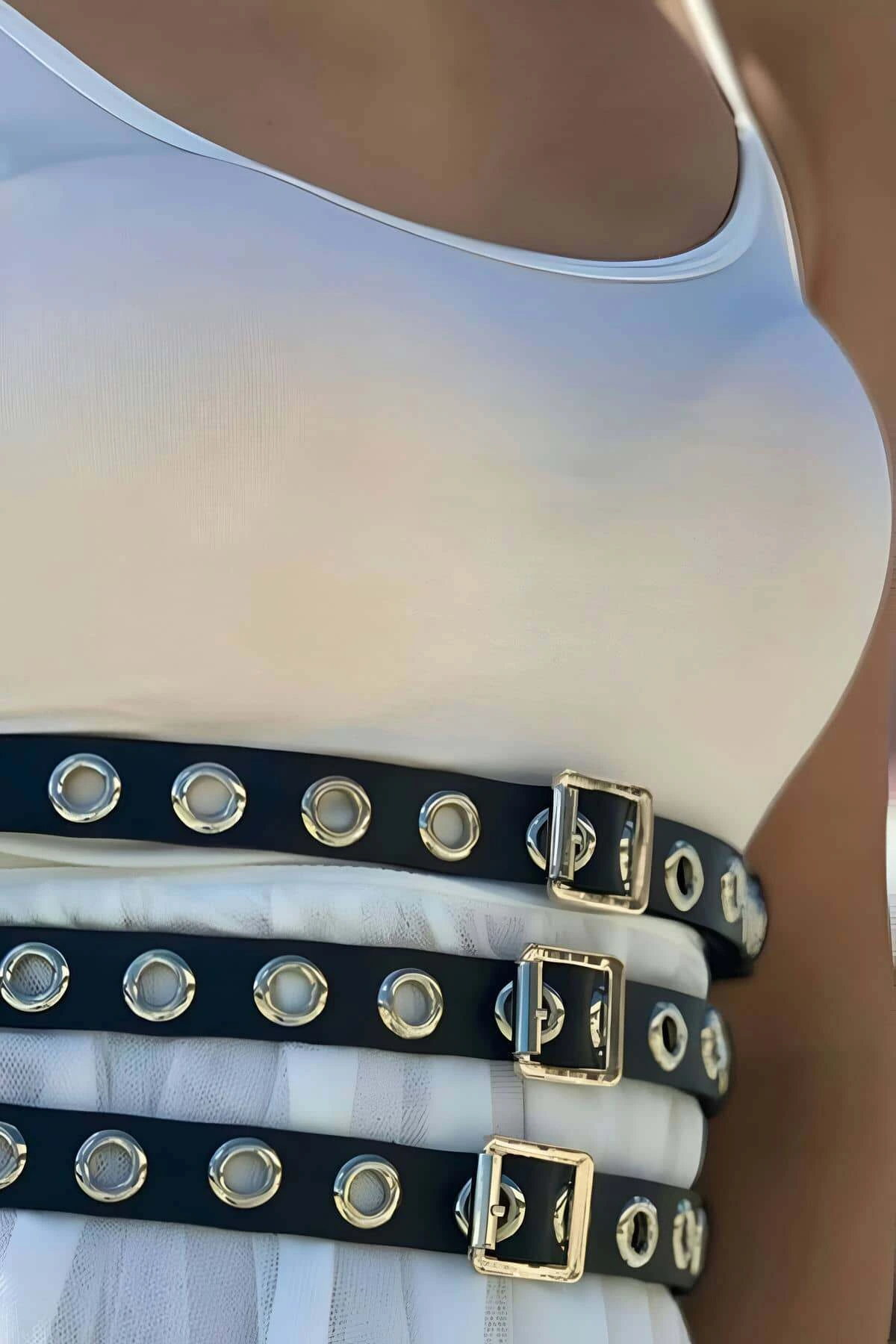 Elbise Üzeri Üçlü İnce Şerit Ayarlanabilir Şık Deri Bel Korse Kemer - APFT641