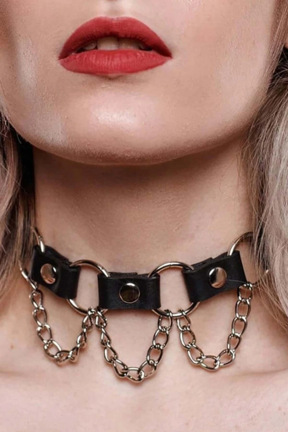 Chain and Ring Detailed Leather Choker Collar Neck Collar Accessory - APFT662