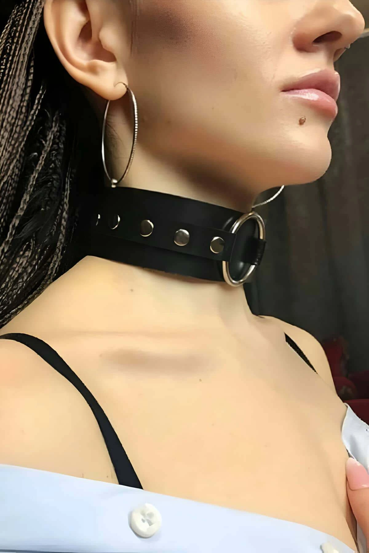 Ring Detailed Adjustable Wide Strip Stylish Leather Choker Neck Accessory - APFT671
