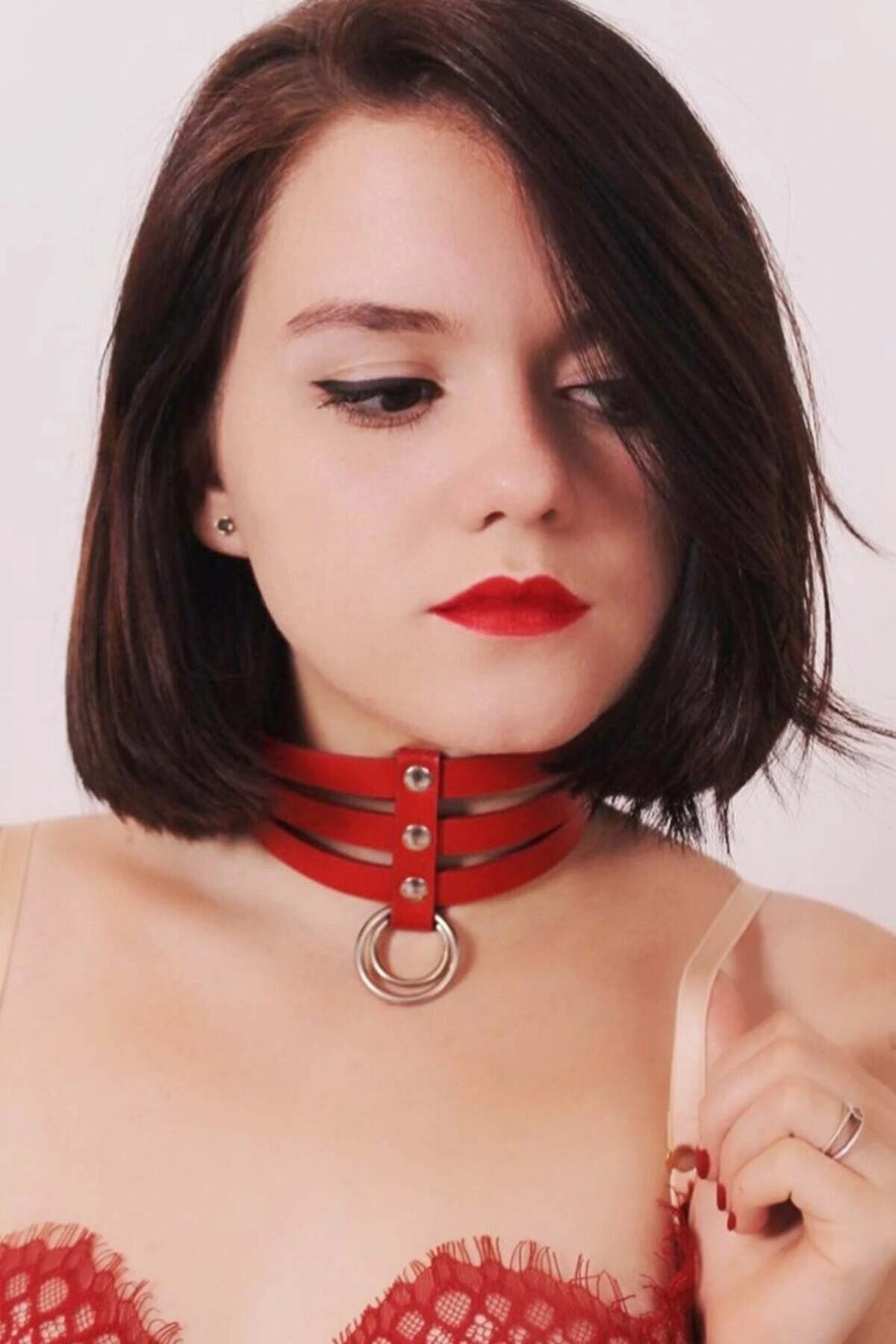 Leather Choker with Triple Thin Strip Ring Detail - APFT676