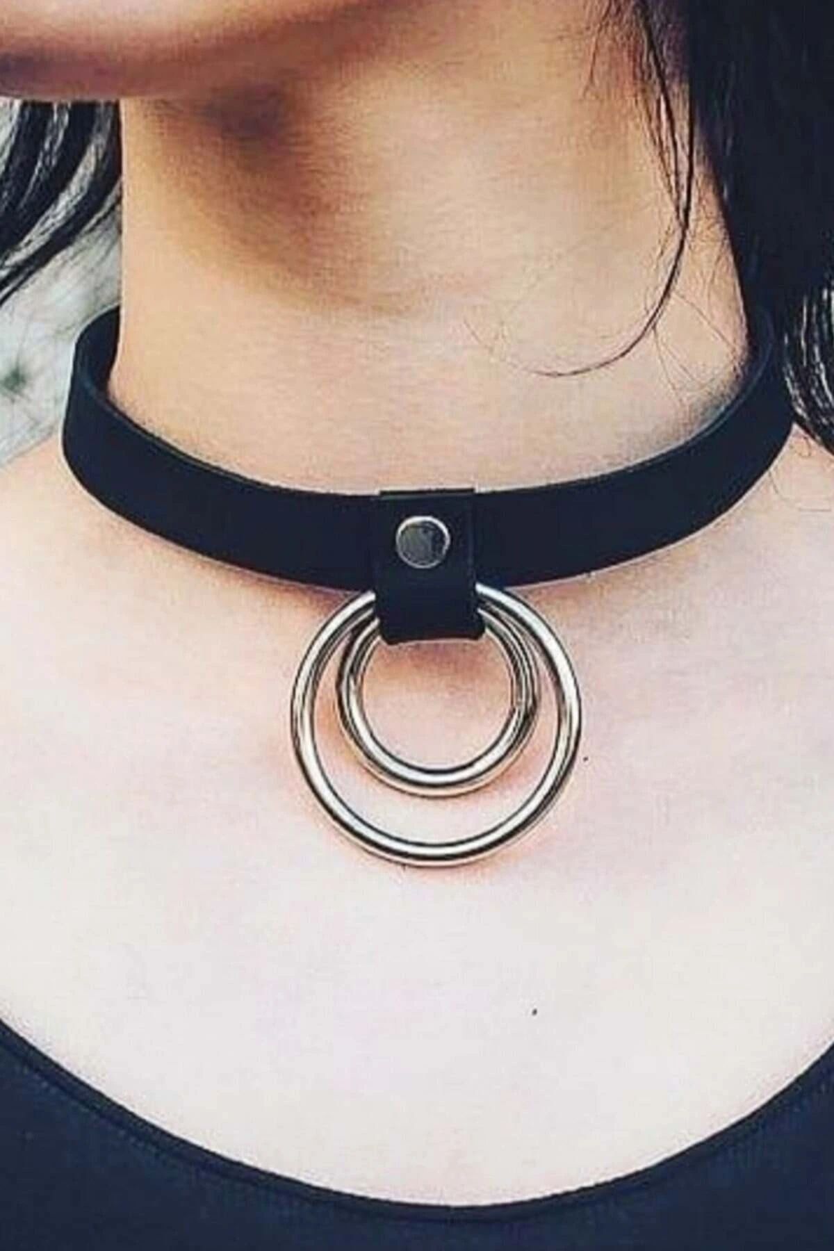 Adjustable Stylish Leather Choker with Thin Strip Ring Detail - APFT685