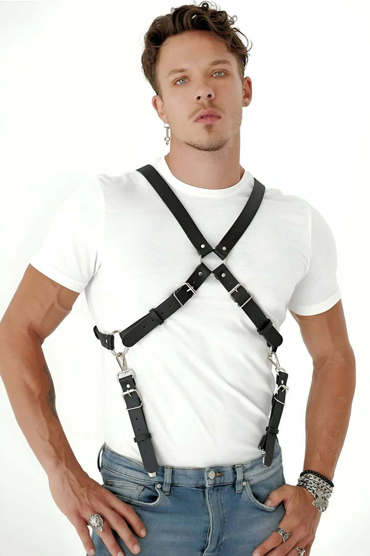 Back-Tied Men's Leather Harness with Chest Detail - APFTM84