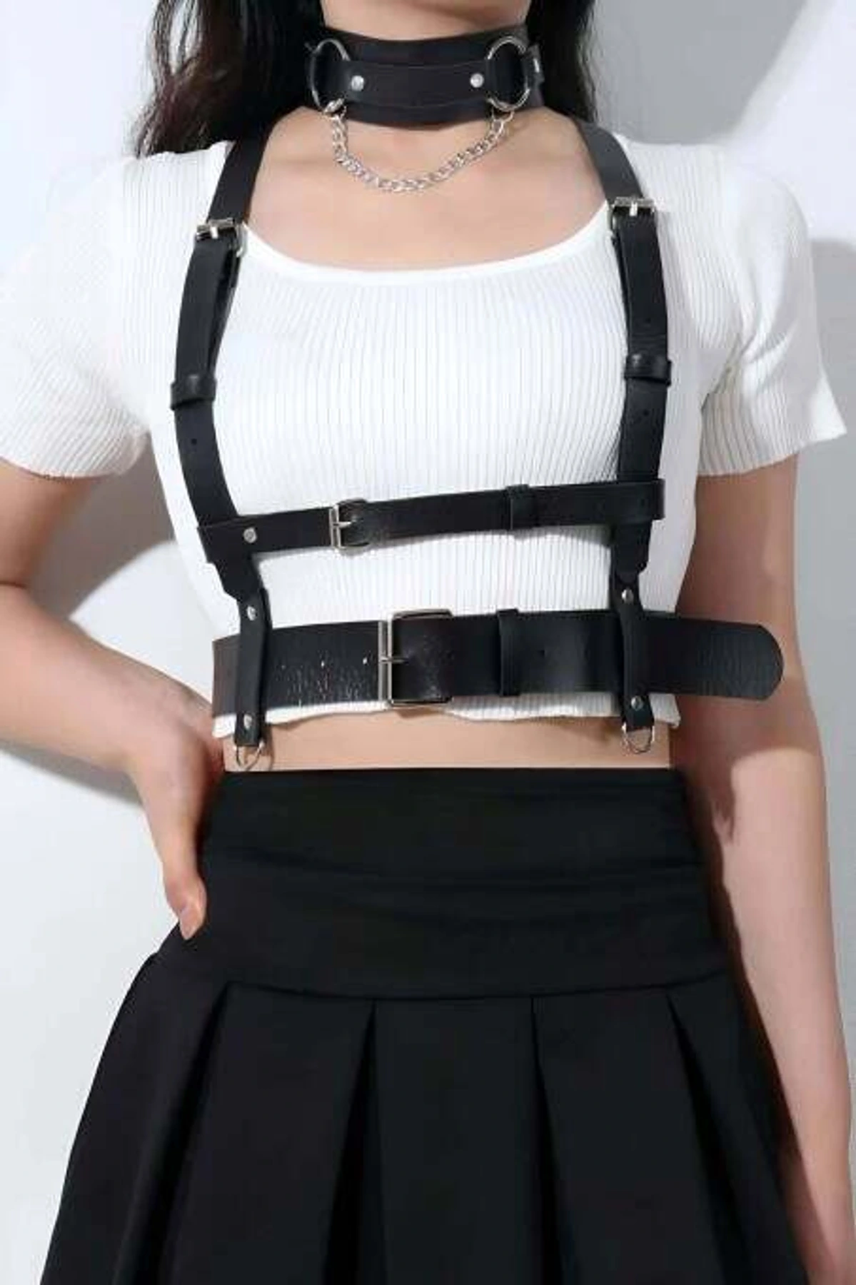 Leather Chest Harness And Choker-Leash Set - APFT959