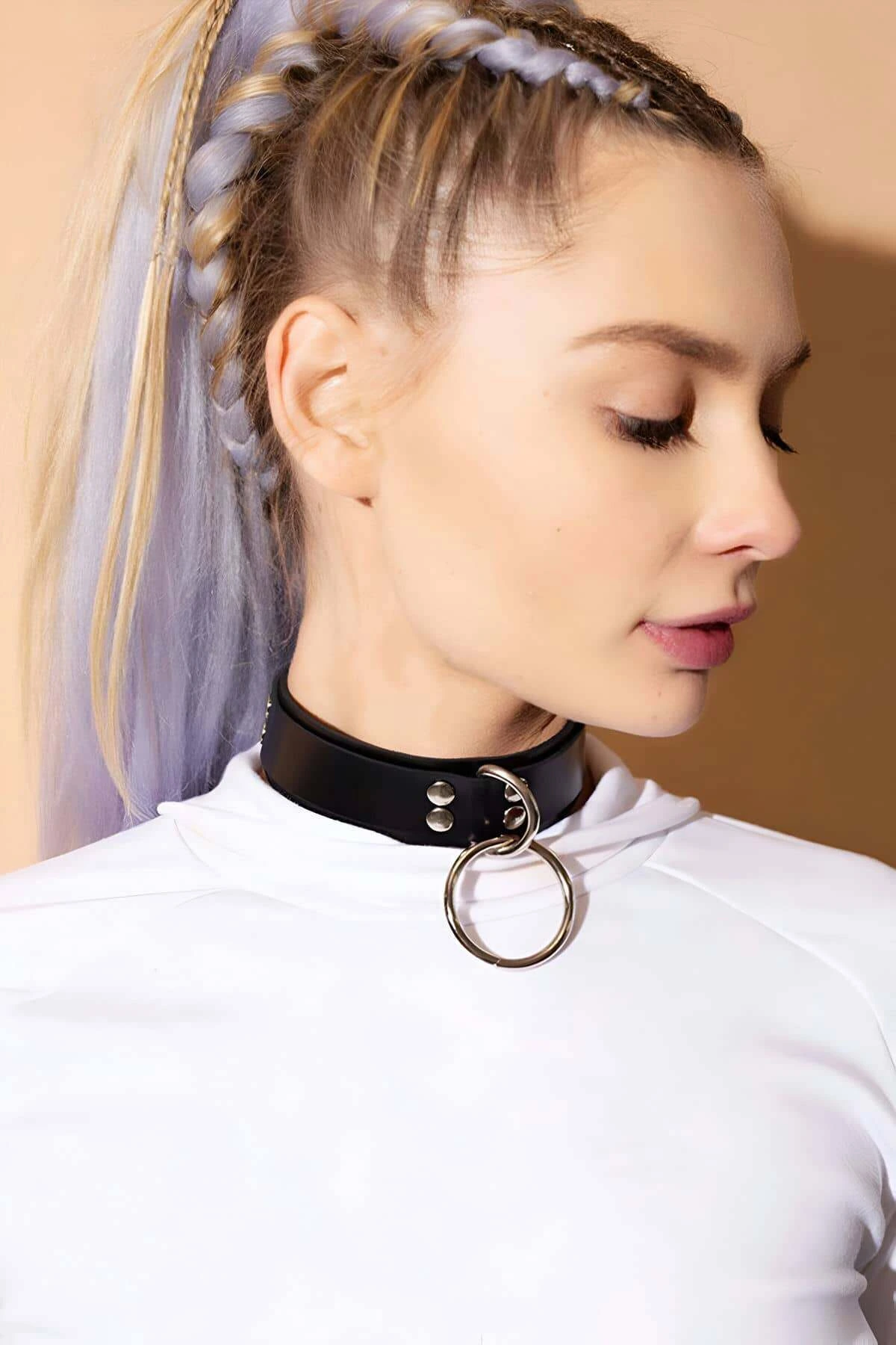 Ring Detailed Leather Choker, Leather Collar, Ring Collar - APFT971