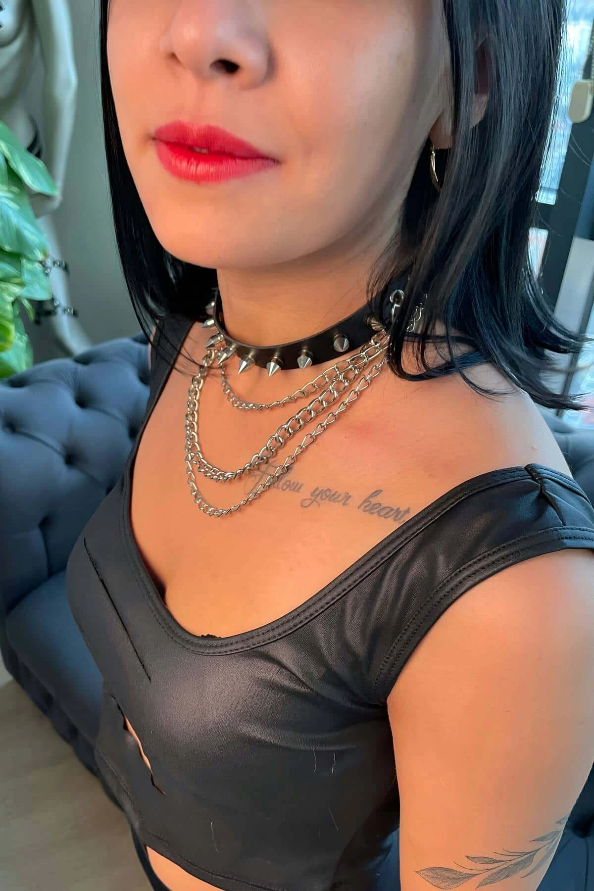 Çivi ve Zincir Detaylı Şık Anne - Kedi Choker Set - APFT1042