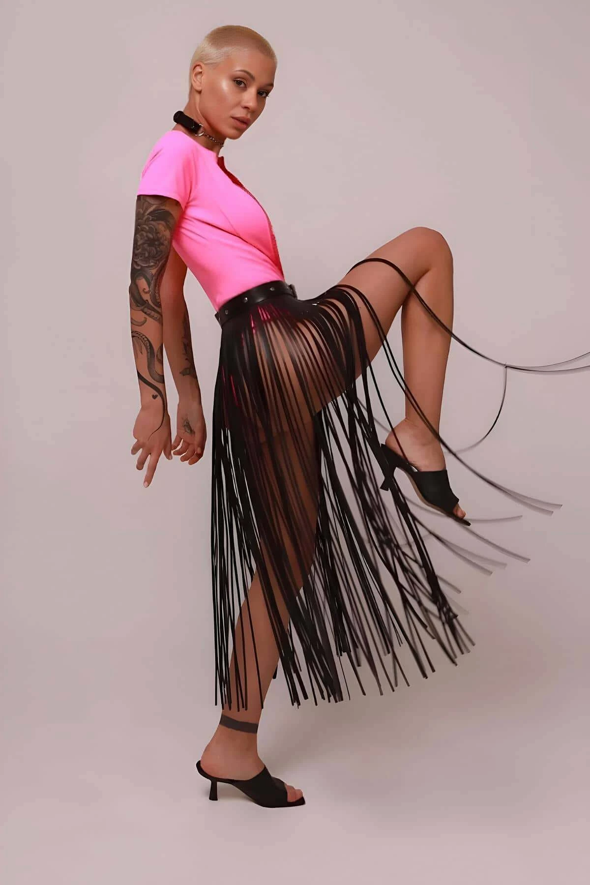 Leather Tasseled Skirt, Thin Tasseled Full Length Skirt, Stylish Leather Skirt Harness - APFT1088