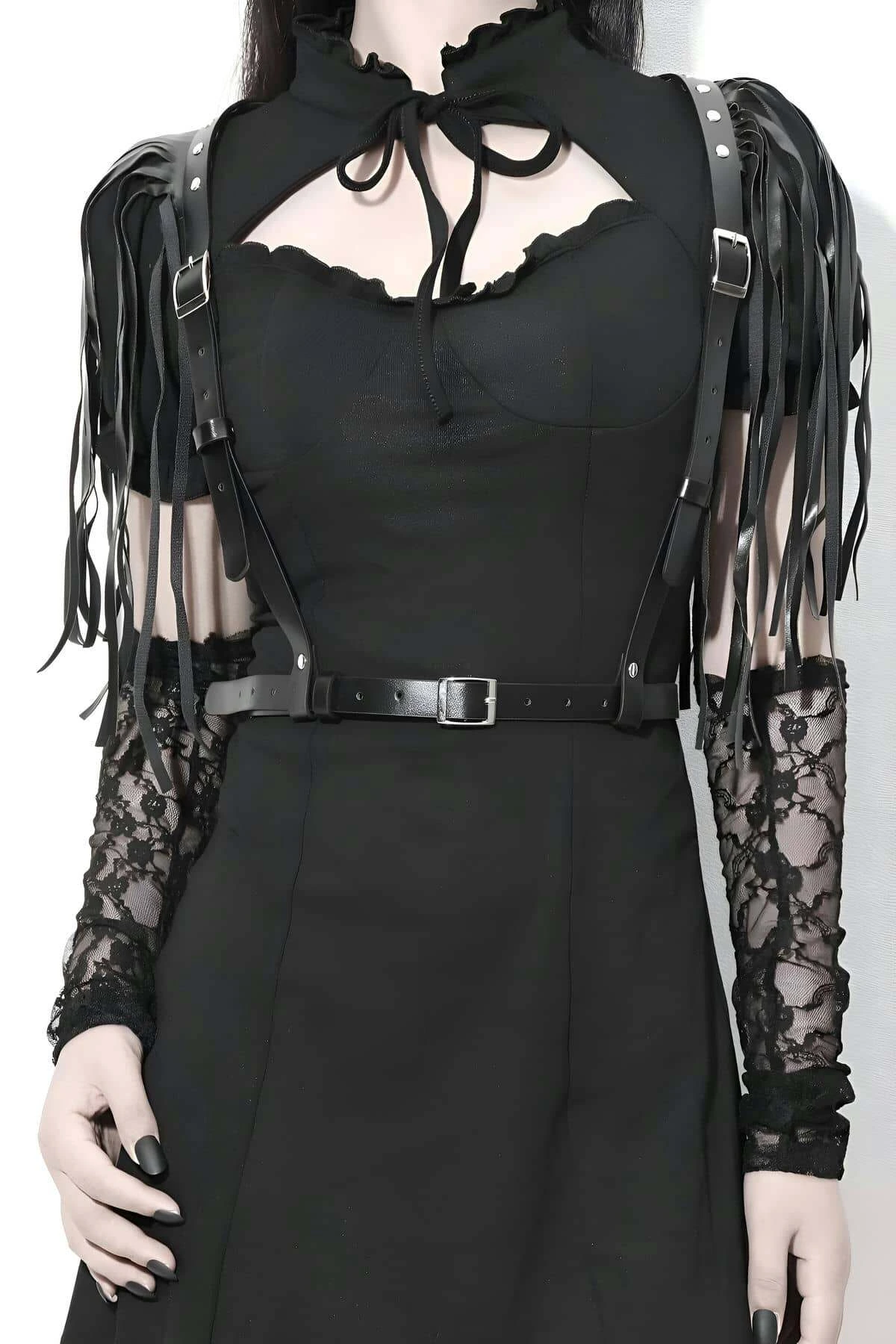 Stylish Leather Waist Belt Harness with Tassels on the Shoulder - APFT1178