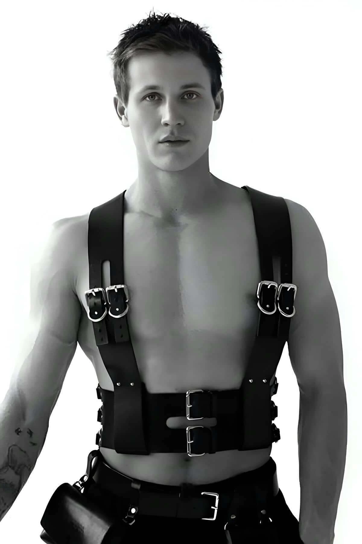 Fancy Men's Clothing, Leather Men's Clothing, Leather Cuffed Men's Harness - APFTM118