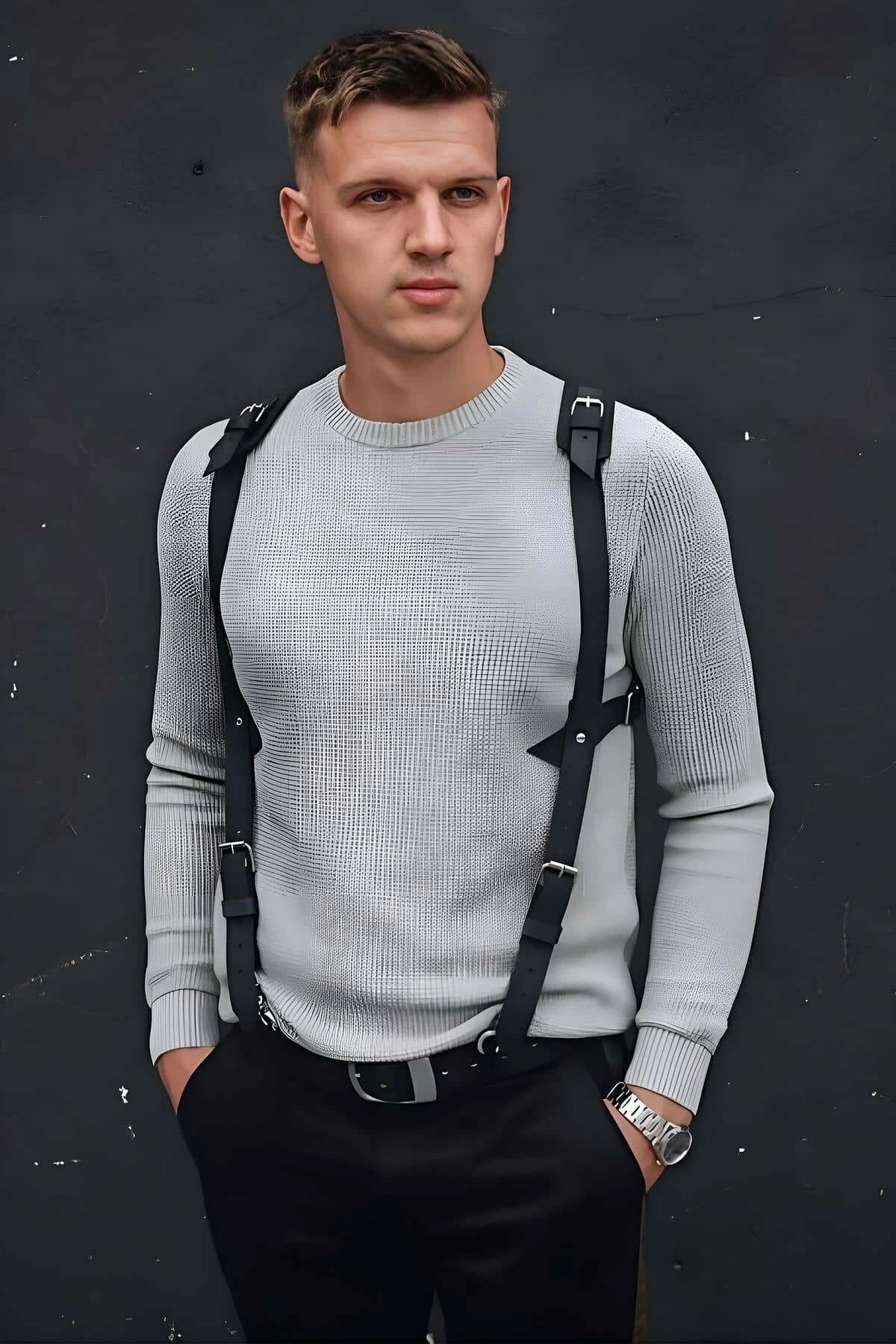 Stylish Men's Leather Harness with Shoulder Detail, Men's Shirt Accessory - APFTM135