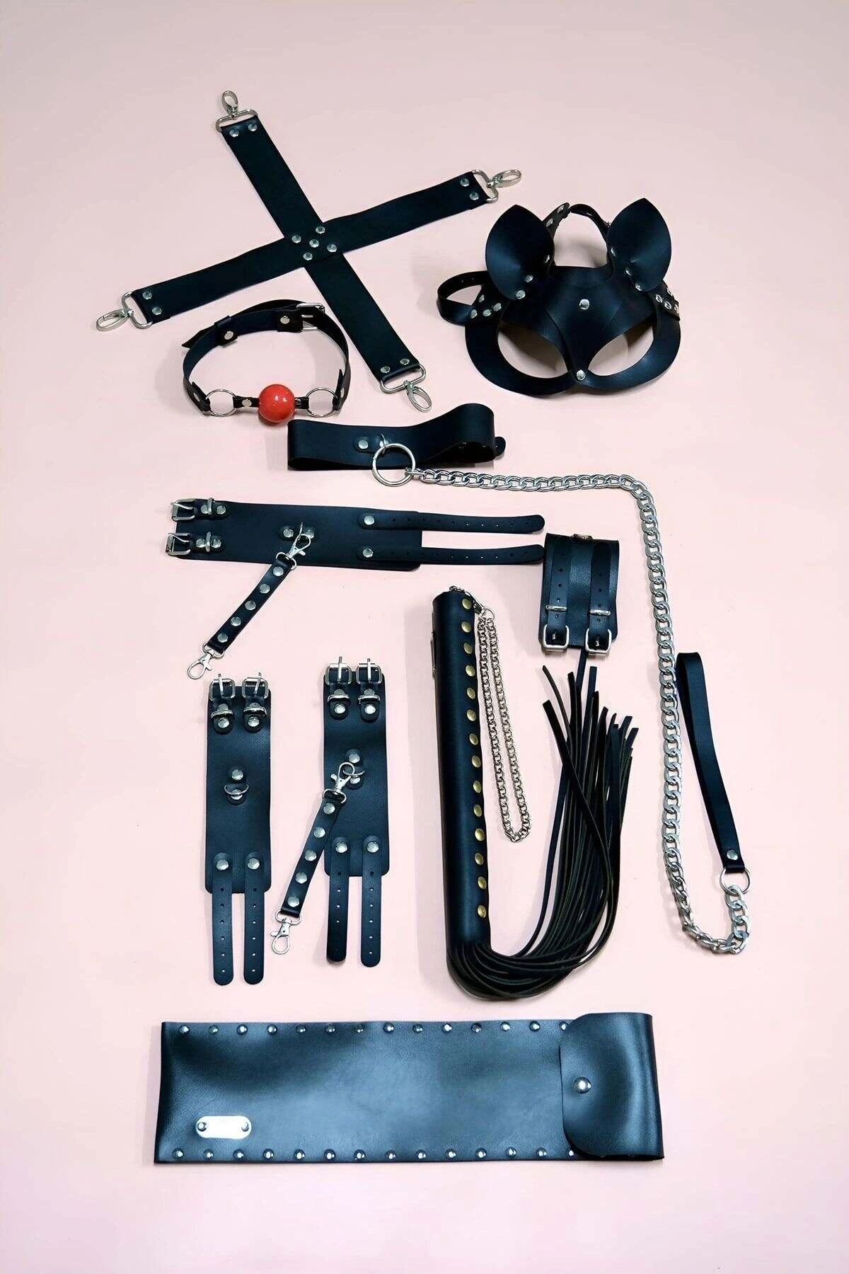 Set of 7 Fancy Whips, Handcuffs Set, Foot Clamps, Cat Mask - APFT1309