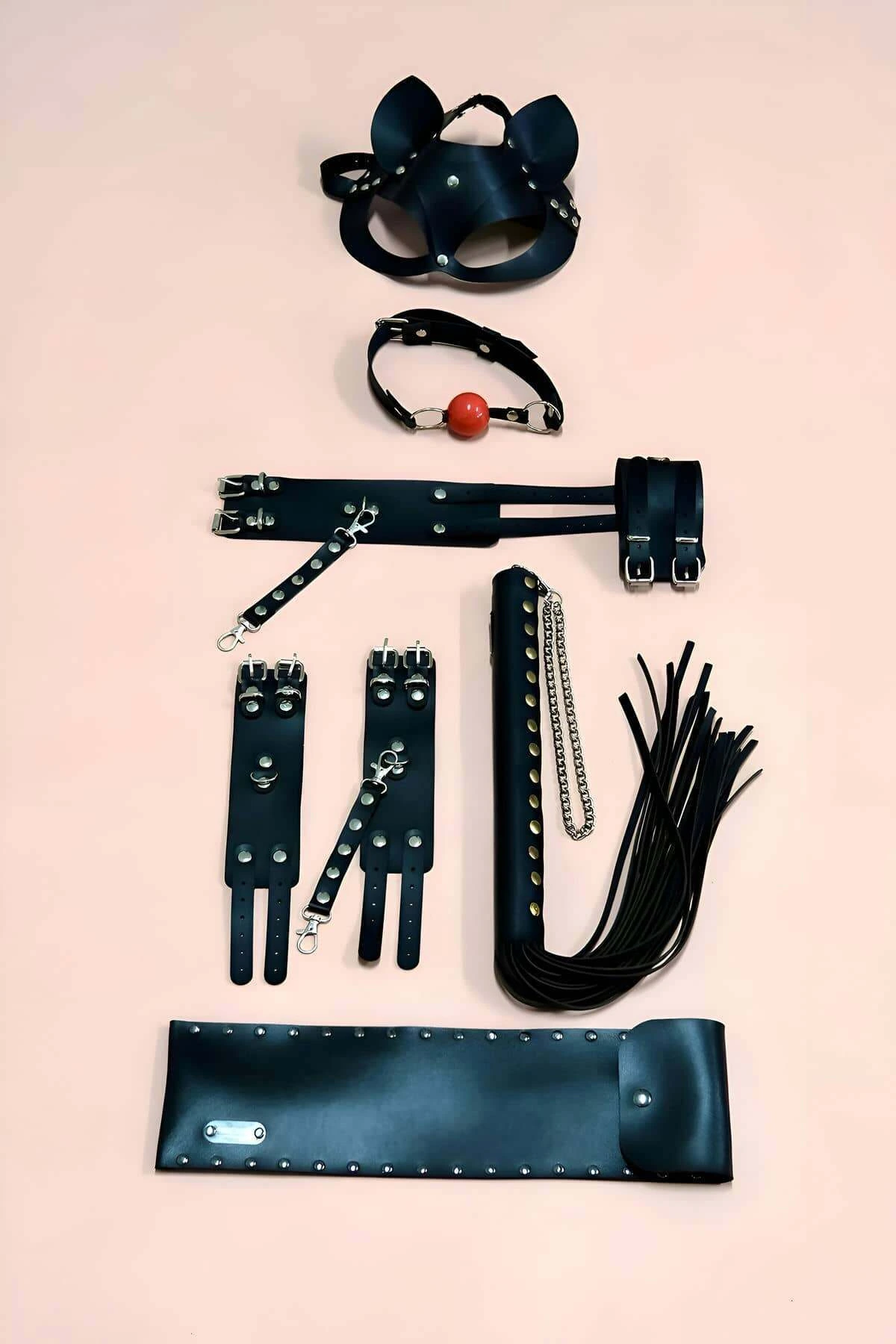 Handcuffs Whip Set, Set of 5, Hand - Foot Handcuffs, Mask, Mouth Ball - APFT1307