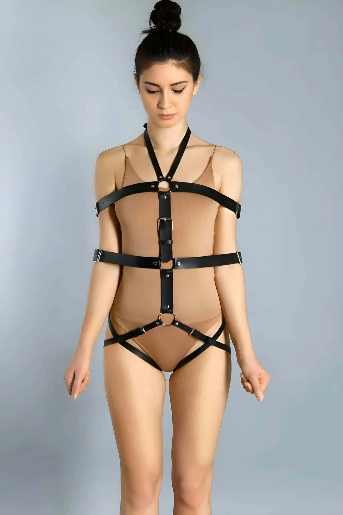 Fantasy Body Handcuffs, Open Crotch Leather Bondage Belt Set - APFT1062