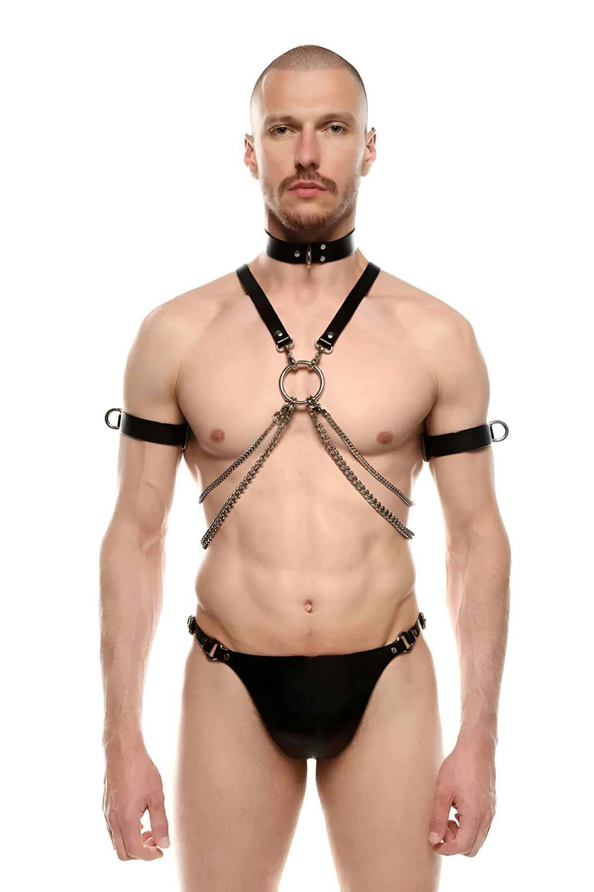 Sexy Men's Harness with Leash and Armbands, Men's Leather Fancy Clothing - APFTM115