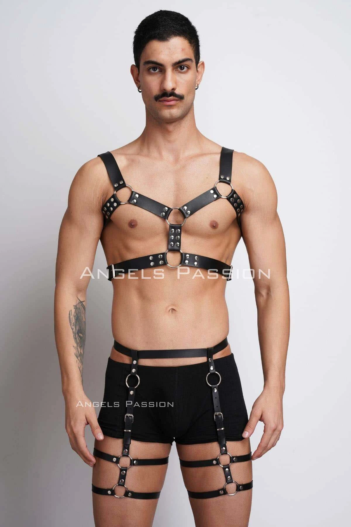 Men's Leather Chest Harness and Leg Harness Set - APFTM195