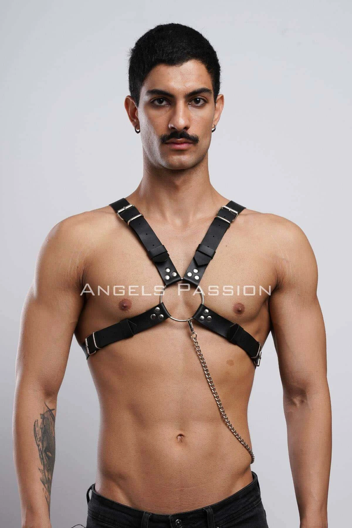 Chain Detailed Leather Men's Chest Harness, Partywear, Clubwear - APFTM95