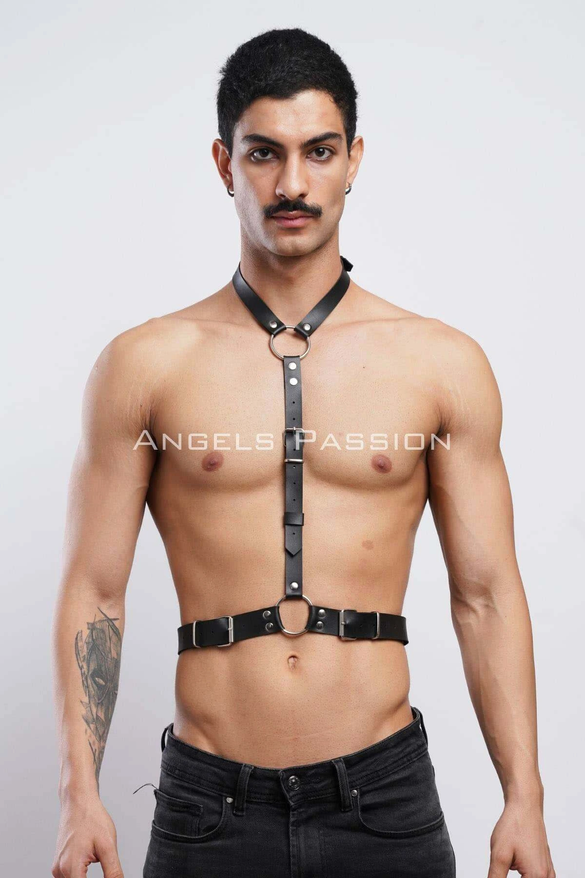 Leather Halterneck Men's Harness, Clubwear, Leather Partywear - APFTM124