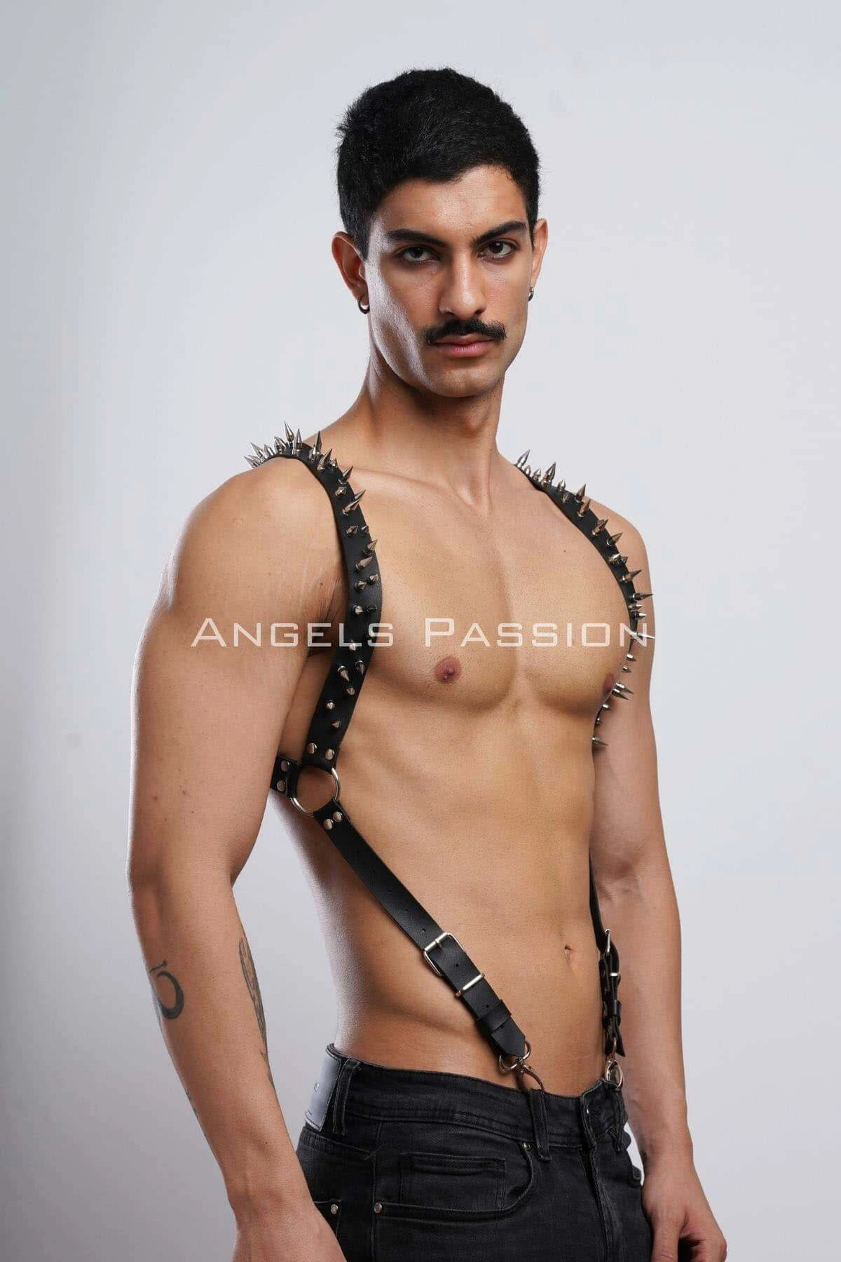 Nail Detailed Men's Chest Harness, Men's Clubwear, Leather Men's Harness - APFTM203