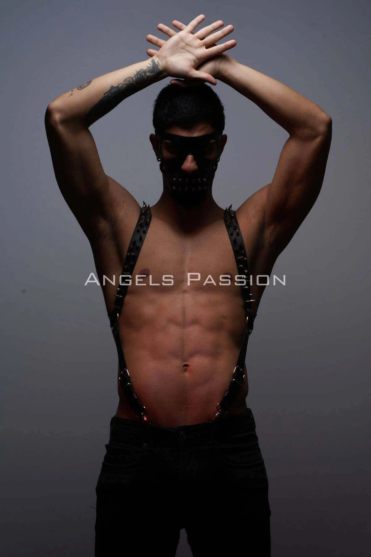 Men's Harness Set with Nail Detail and Mask, Men's Clubwear, Men's Chest Harness - APFTM204
