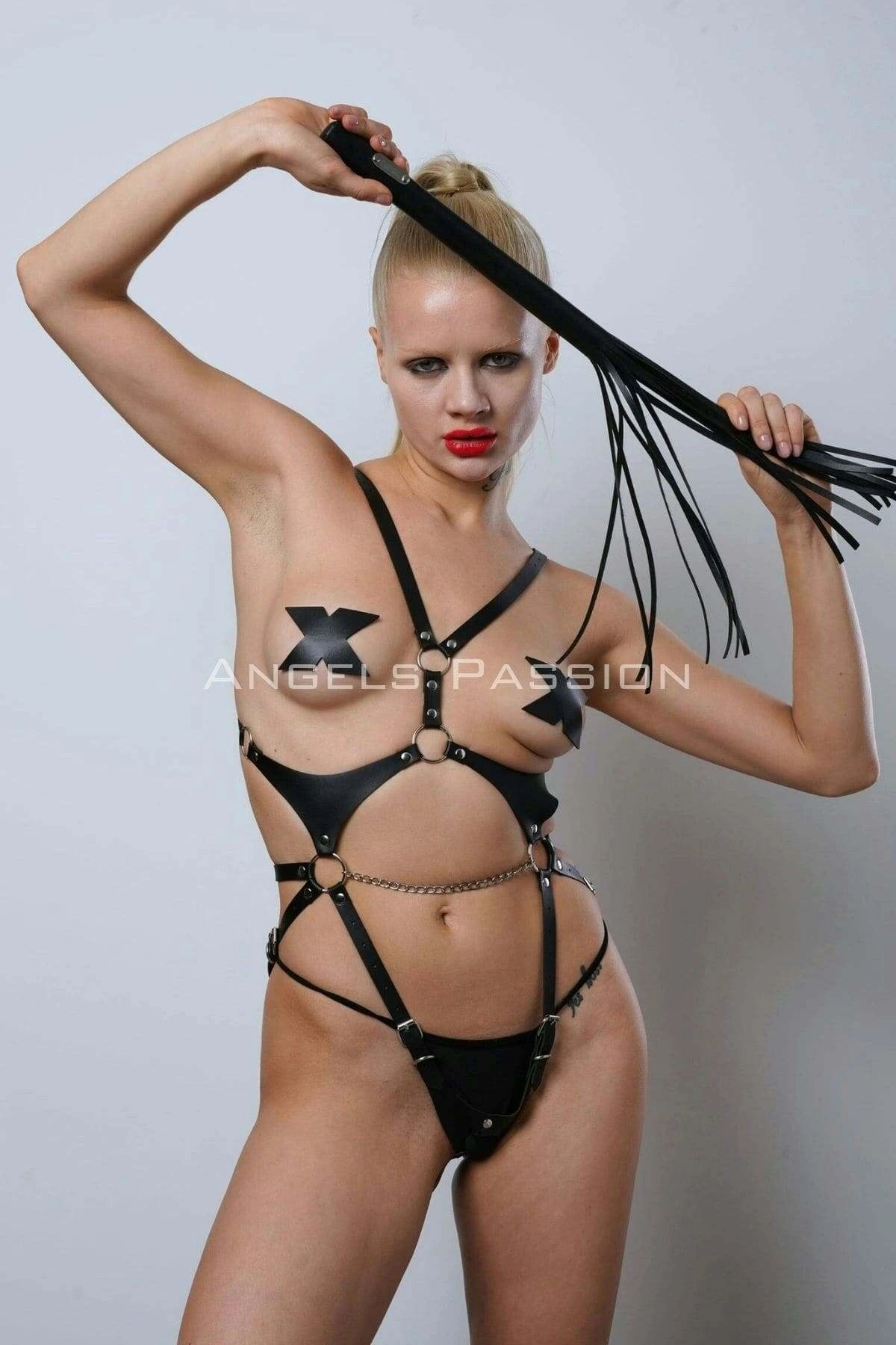 Whip and Open Crotch Leather Body Harness, Leather Fancy Wear, Clubwear - APFT1355