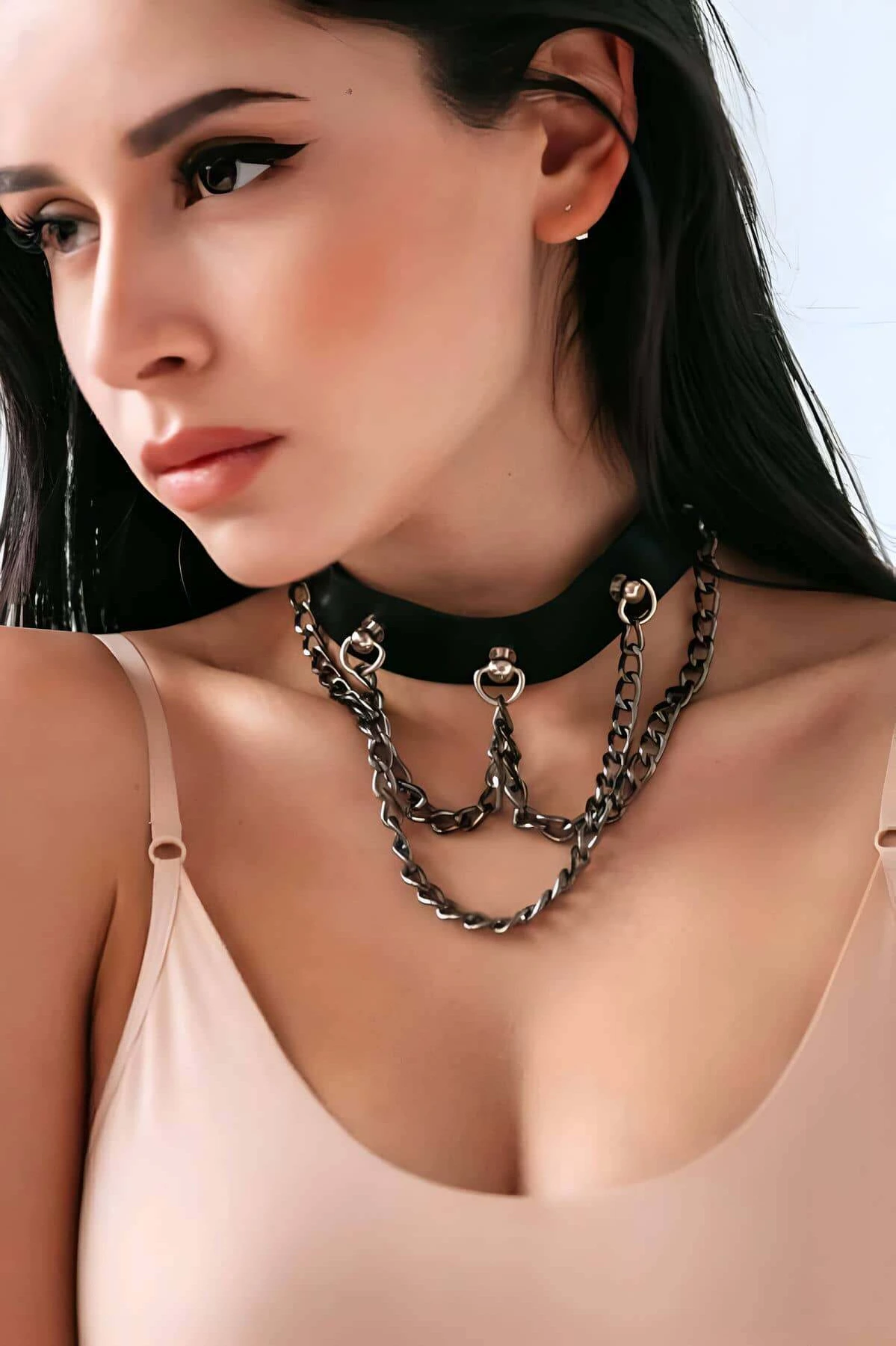 Chain Choker, Chain Leather Necklace, Leash Harness - APFT1071