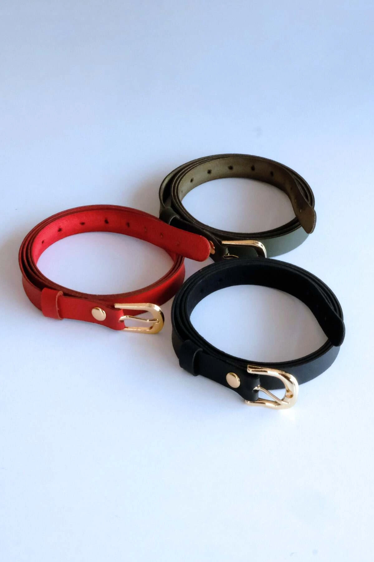 3'lü Kemer Set, Siyah - Kırmızı ve Haki Kemer (Gold Aksesuar)