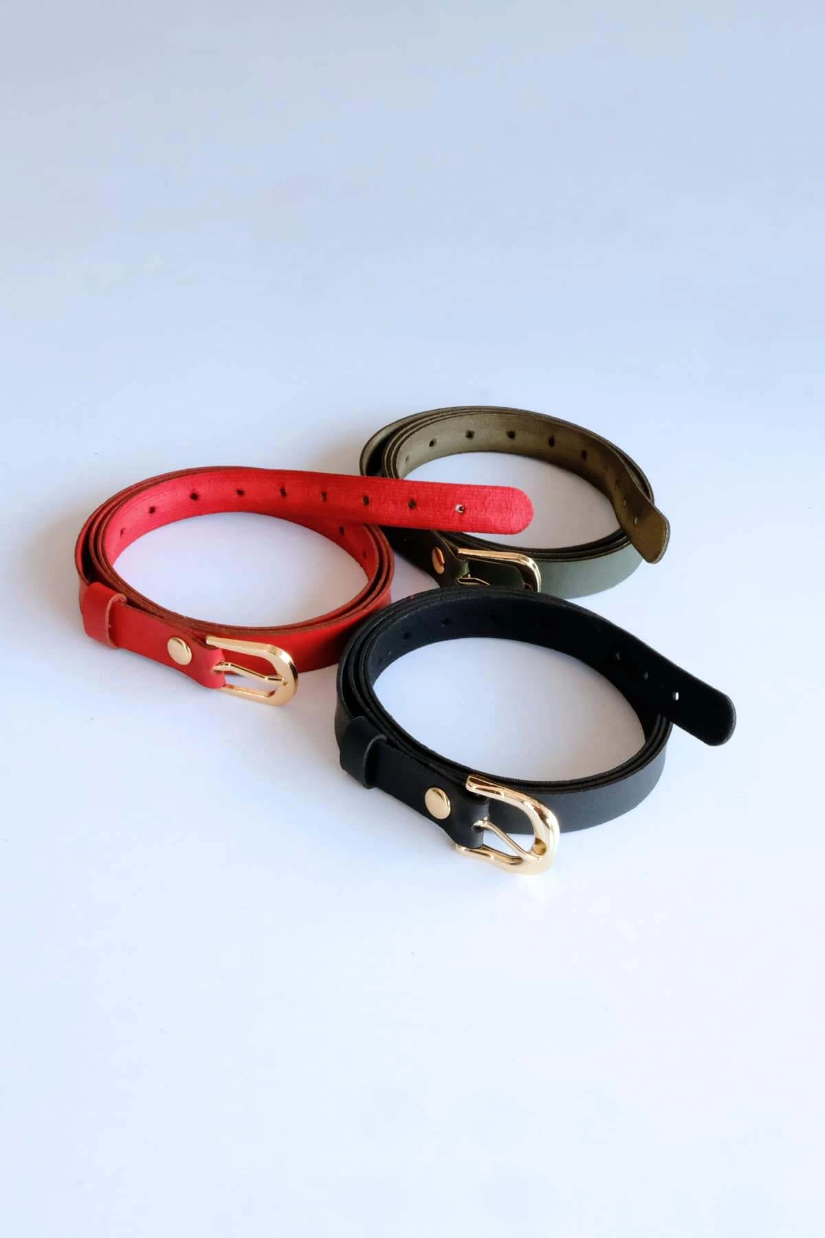 3'lü Kemer Set, Siyah - Kırmızı ve Haki Kemer (Gold Aksesuar)