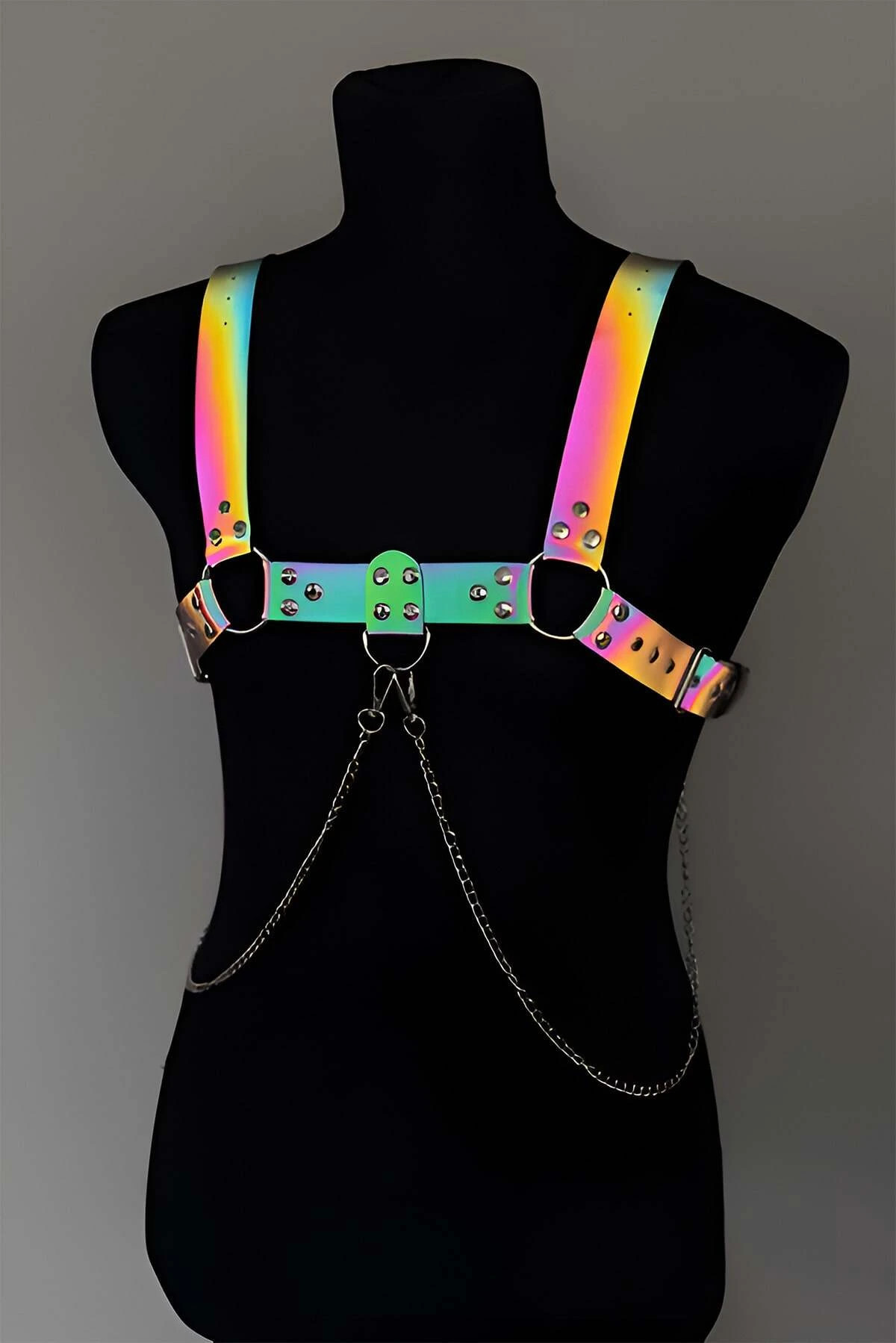 Stylish Men's Chest Harness with Rainbow Reflective (Glow in the Dark) Chain Detail, Reflective Clubwear - APFTM109