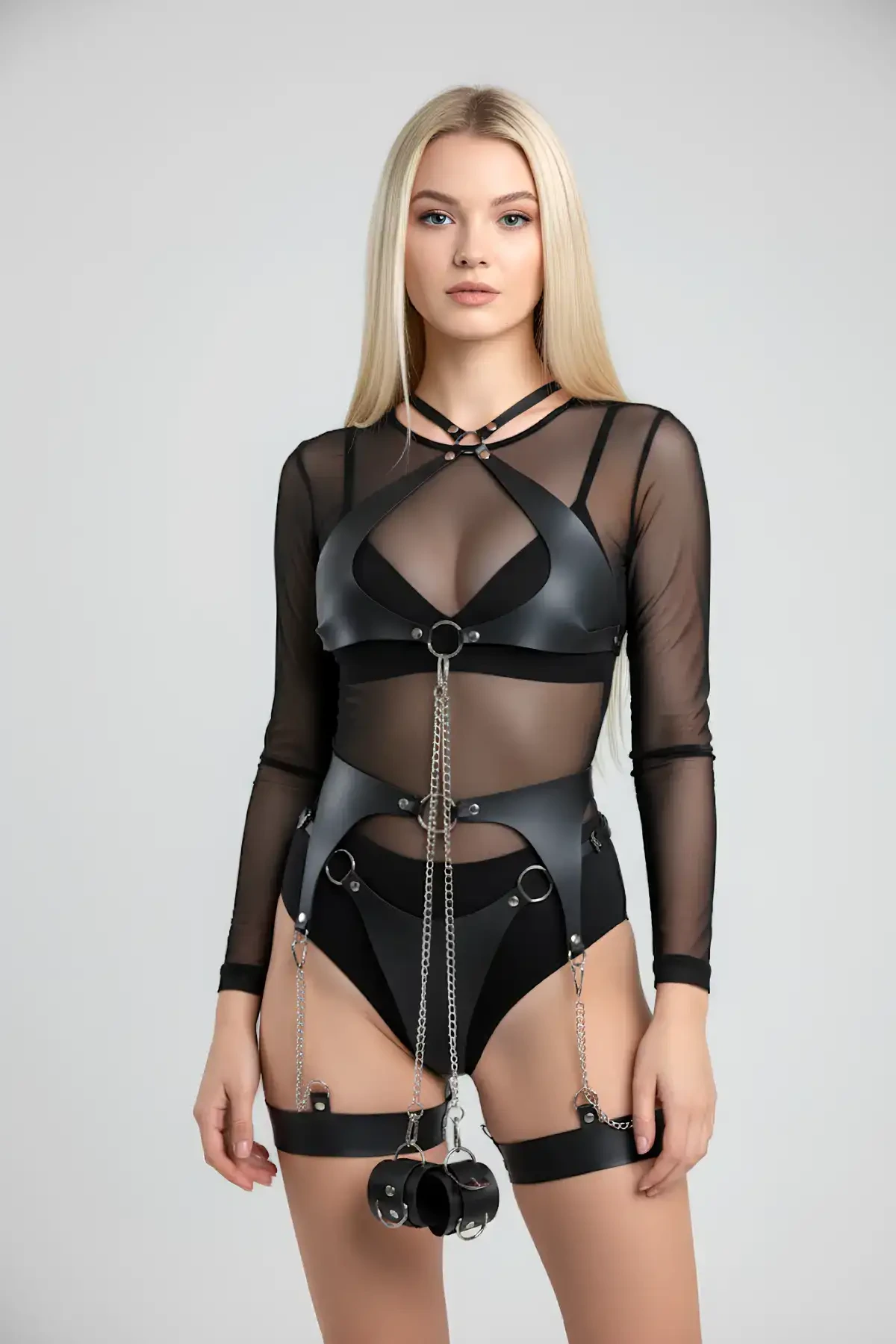 Zincir Detaylı Şık Deri Jartiyer Takım, Şık Fantezi Takım, Deri İç Giyim - APFT1219