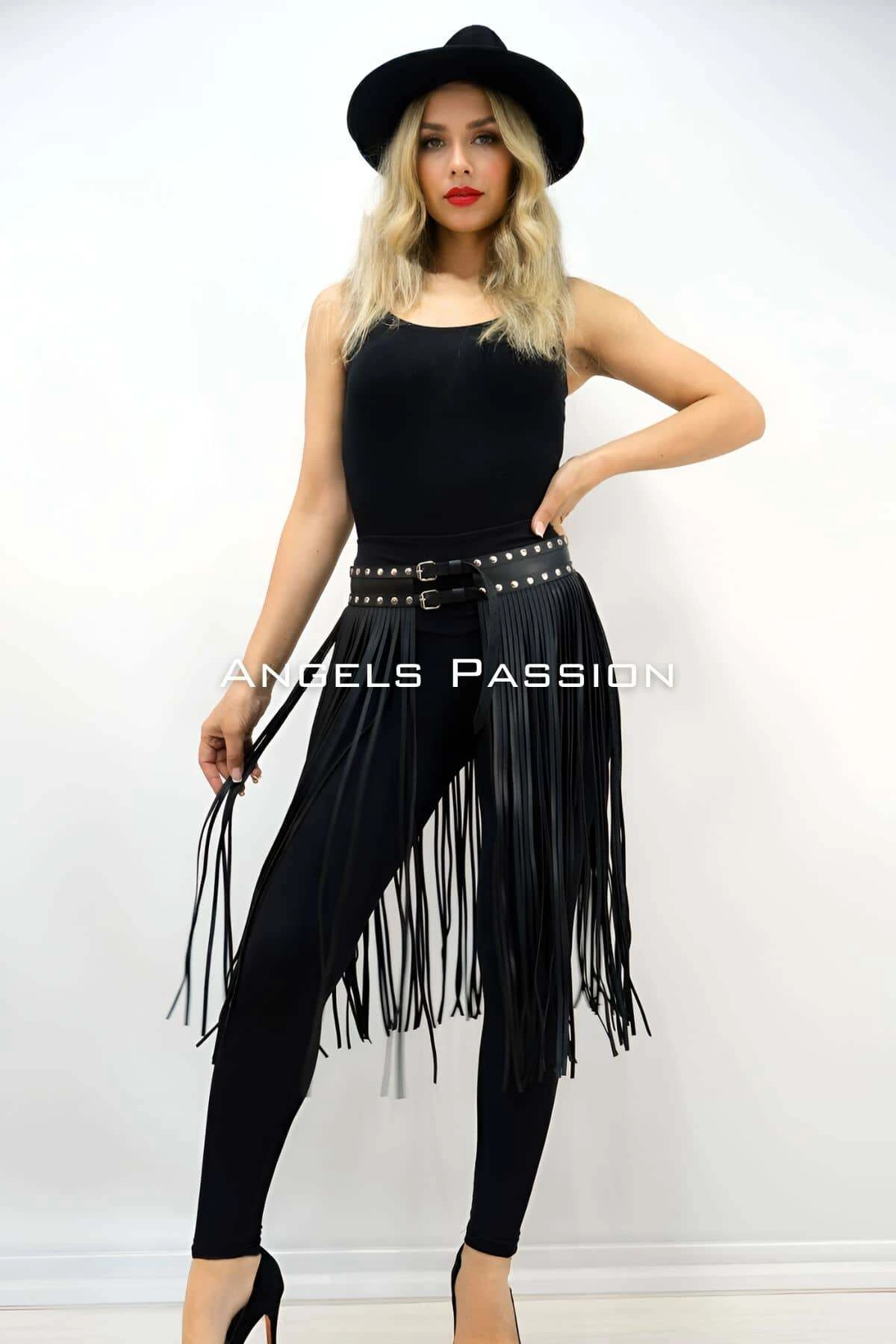 Stylish Leather Skirt with 5 mm Tassels, Below Knee Tassel Skirt - APFT1398