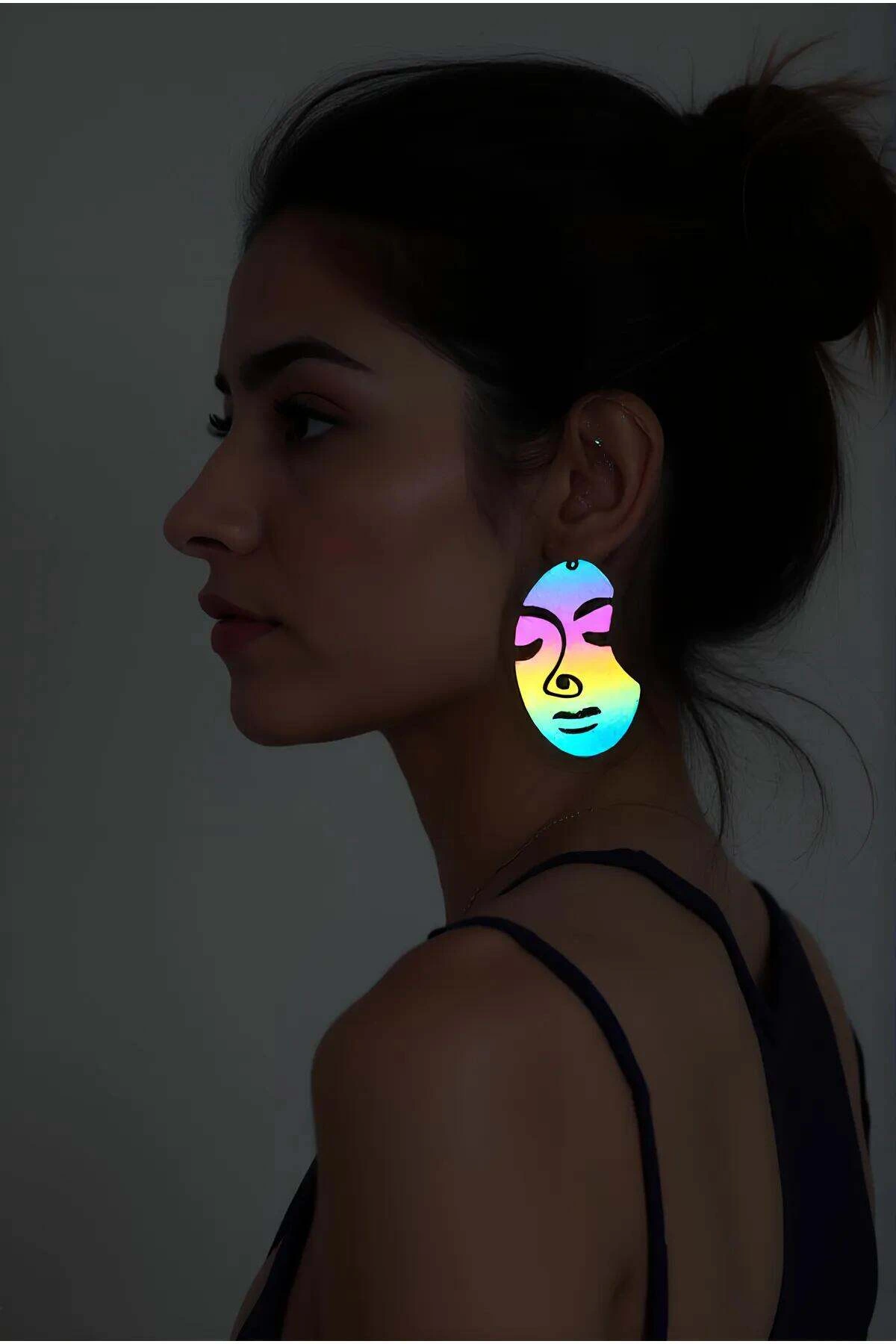 Rainbow Reflective Abstract Women's Face Earrings, Stylish Laser Cut Earrings - APBJ005
