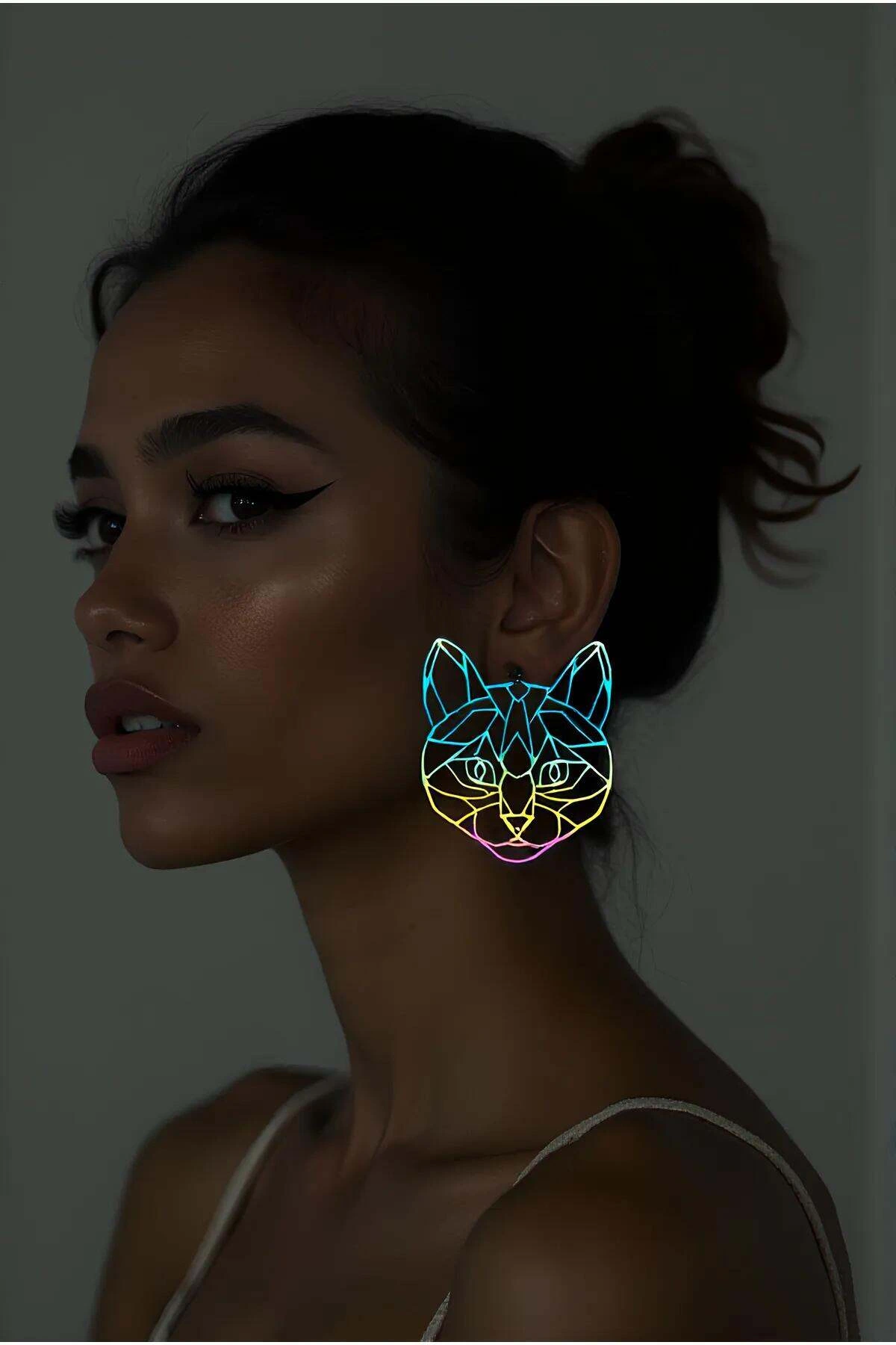 Rainbow Reflective Abstract Cat Face Earrings, Stylish Laser Cut Earrings - APBJ017