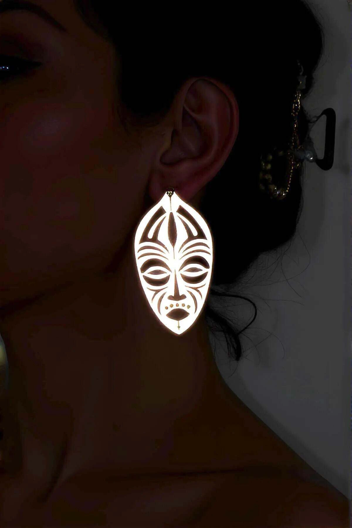 White Reflective Ethnic Face Earrings, Stylish Laser Cut Earrings - APBJ022
