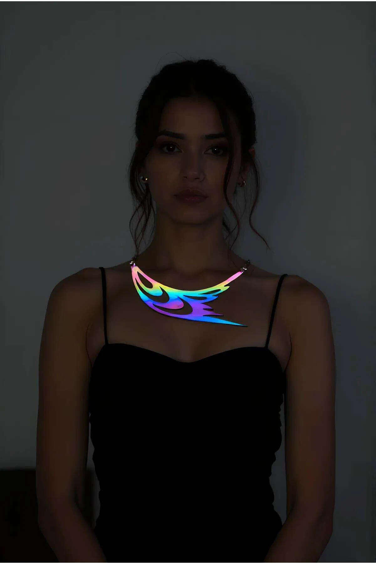 Rainbow Reflective Bird Wing and Eye Detailed Choker Necklace, Stylish Laser Cut Necklace - APFT1414