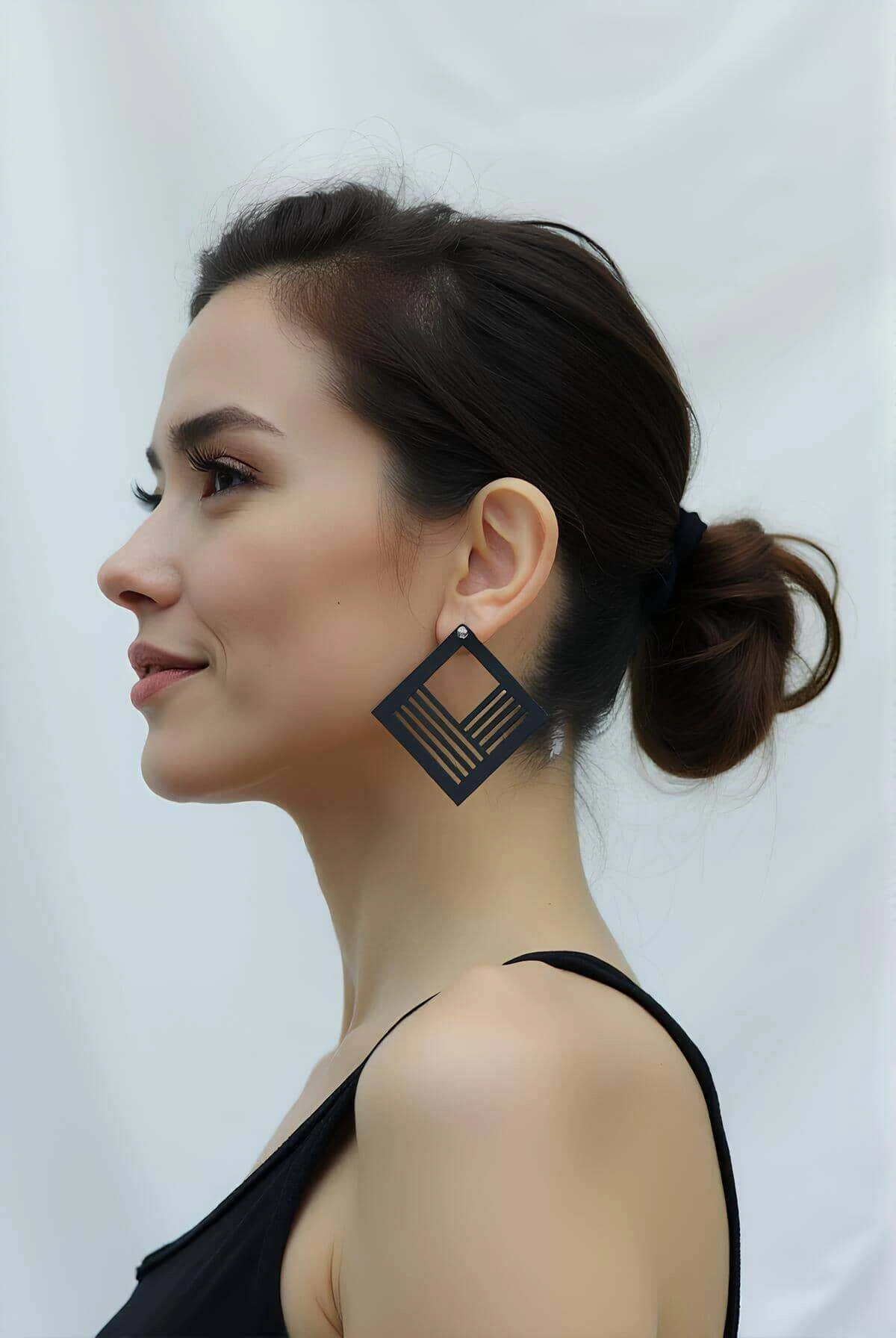 Black Geometric Square Earrings, Stylish Laser Cut Leather Earrings - APBJ010