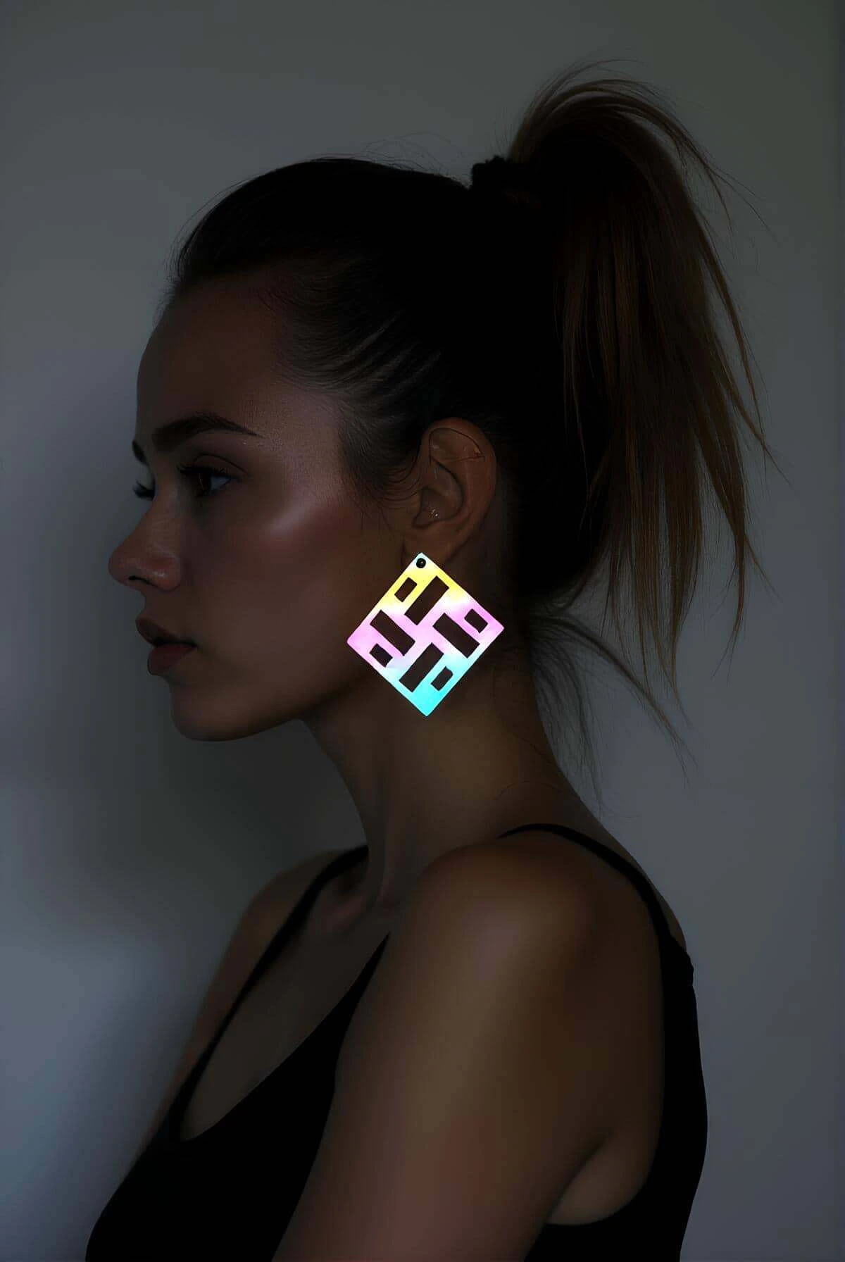 Rainbow Reflective Square Earrings, Stylish Laser Cut Earrings - APBJ012