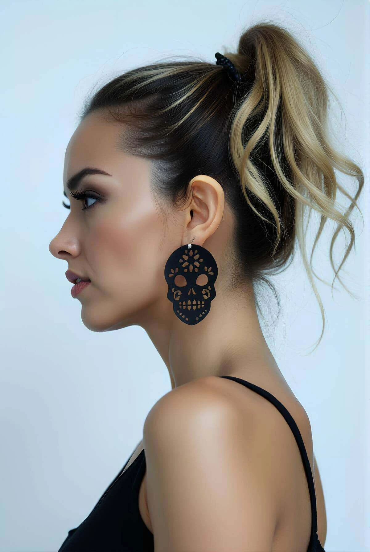 Black Skull Gothic Earrings, Stylish Laser Cut Leather Earrings - APBJ018