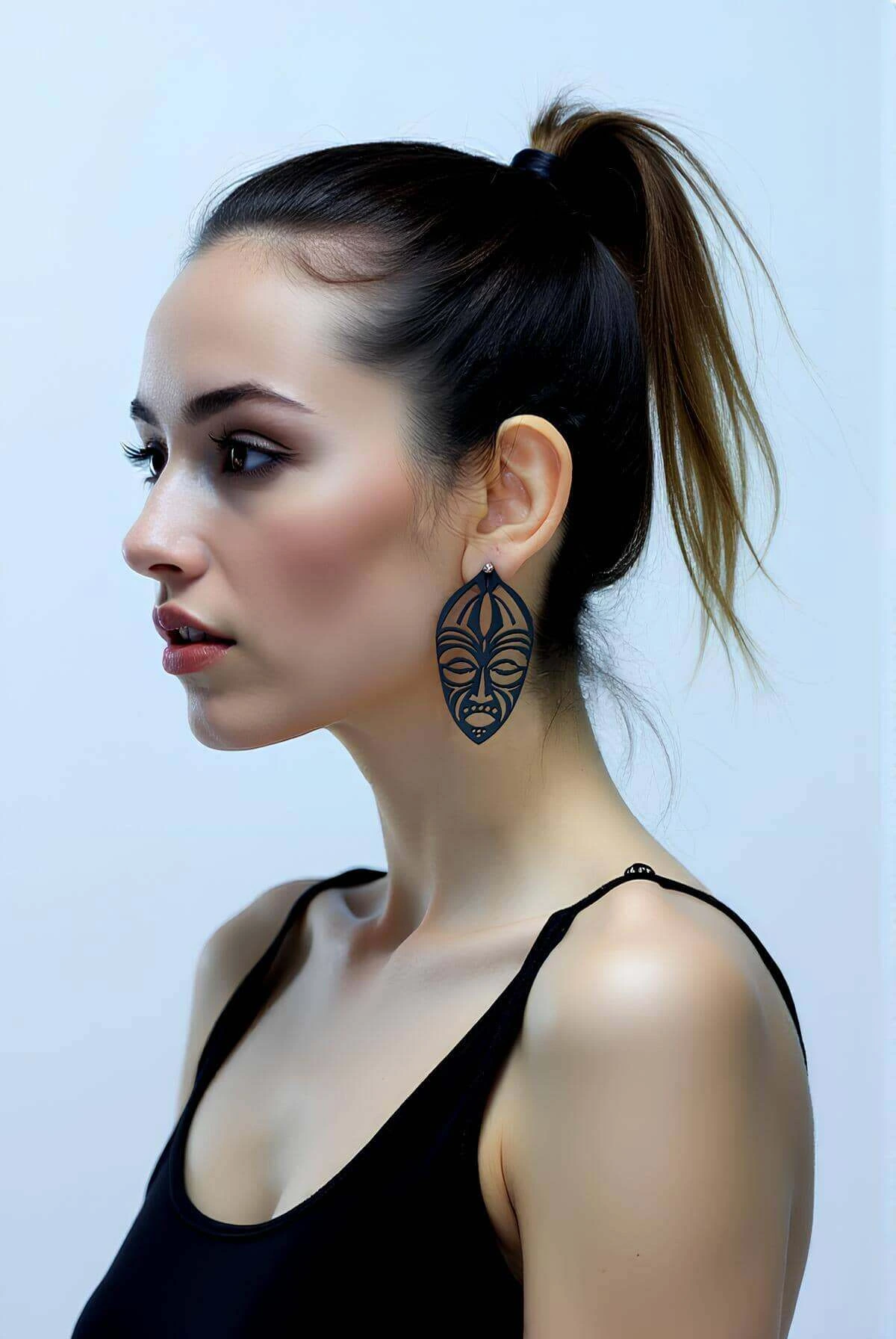 Black Ethnic Face Earrings, Stylish Laser Cut Leather Earrings - APBJ022